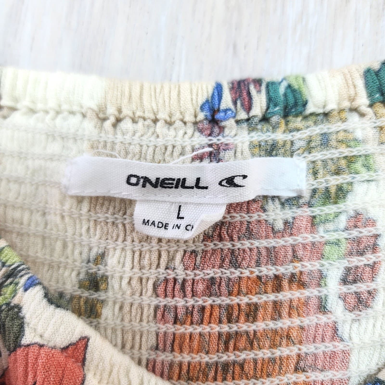 ONeill Womens Floral Smocked Back Ruffle Hem Sundress Cream Orange Large - Thumbnail 5