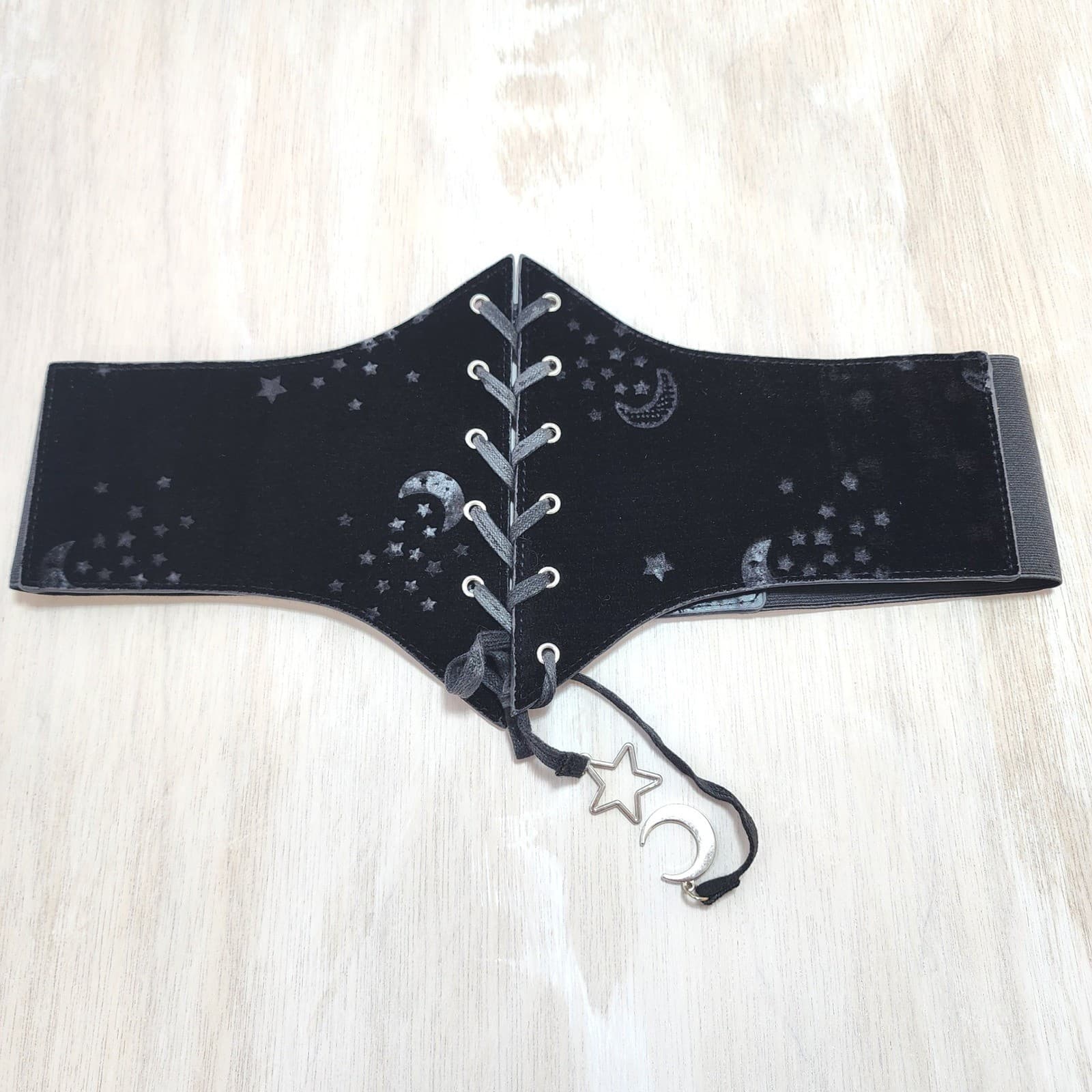 Black Velvet Celestial Moon Star Lace Up Corset Waist Belt Gothic Witchy Cinch S