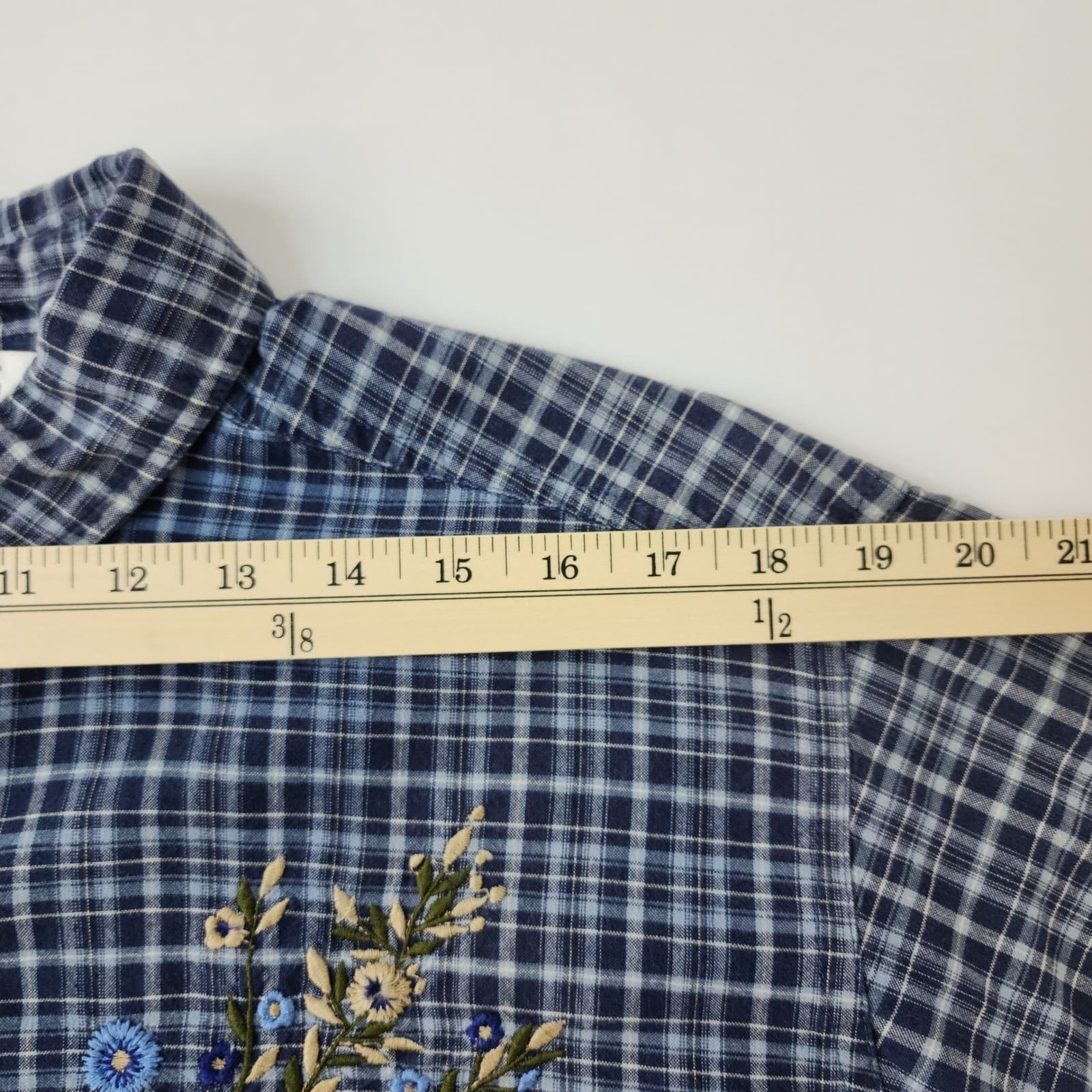 Victoria Jones Woman Blue Plaid Floral Embroidered Cotton Button Down Shirt 1X - Thumbnail 7