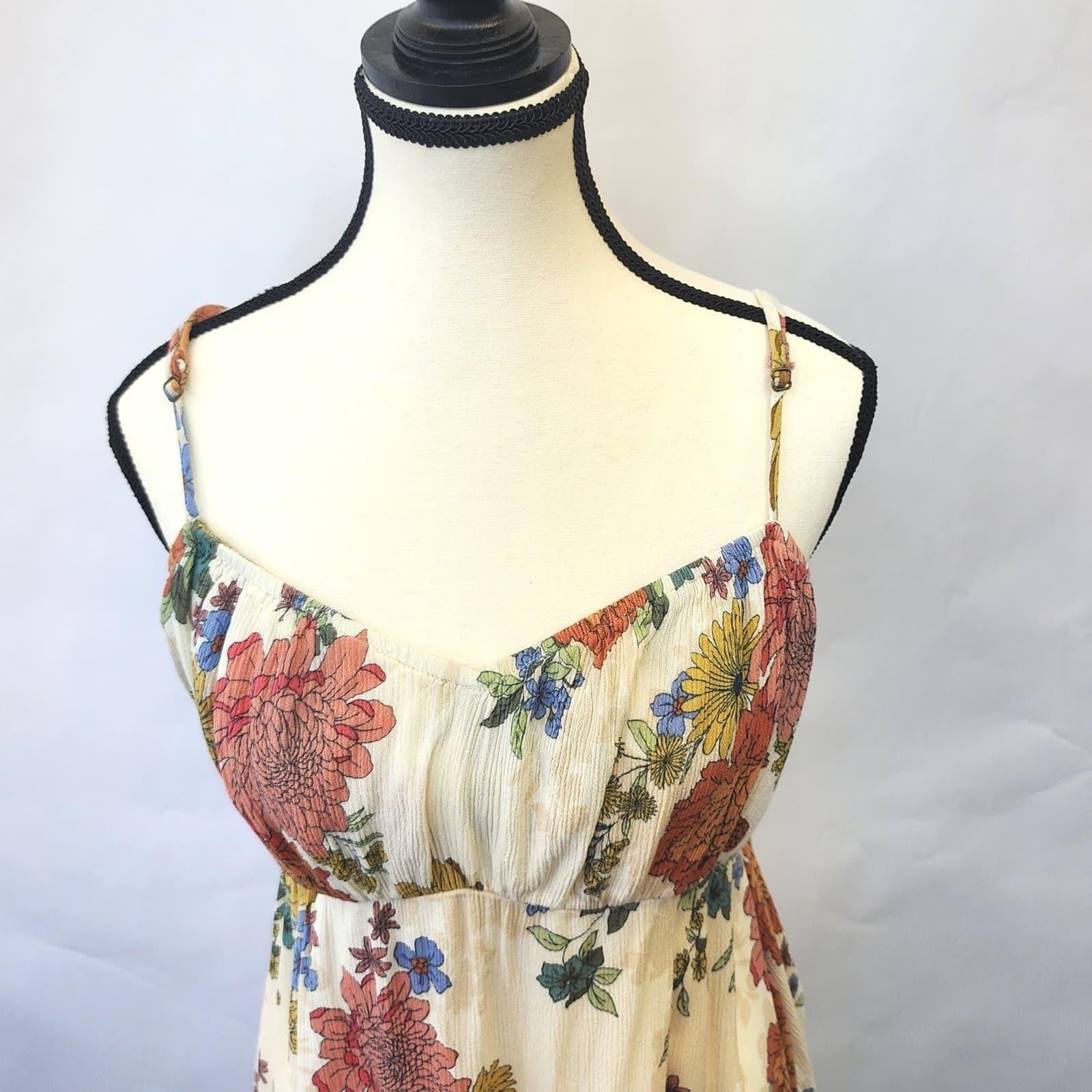 ONeill Womens Floral Smocked Back Ruffle Hem Sundress Cream Orange Large - Thumbnail 3