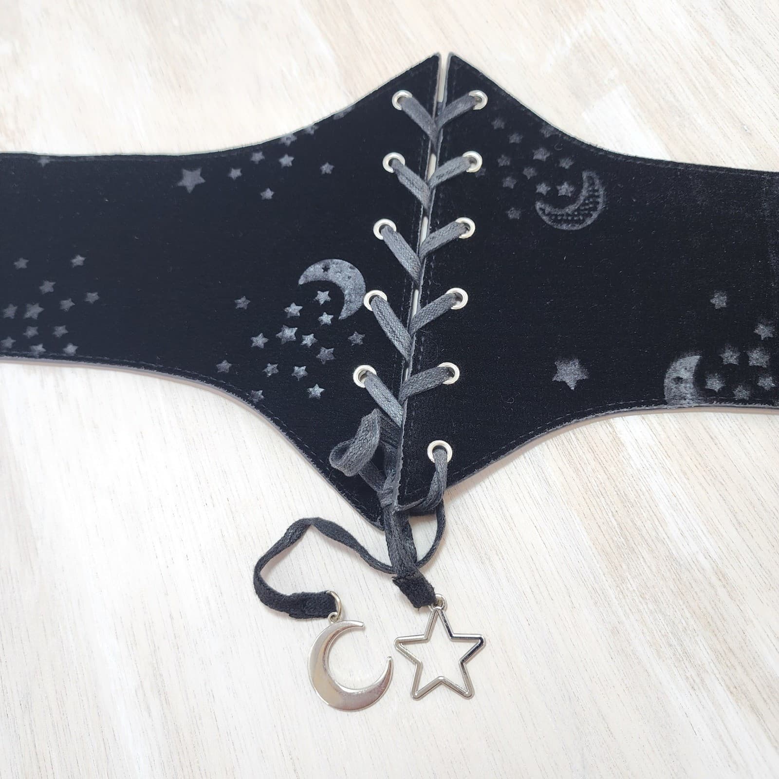 Black Velvet Celestial Moon Star Lace Up Corset Waist Belt Gothic Witchy Cinch S - Thumbnail 2