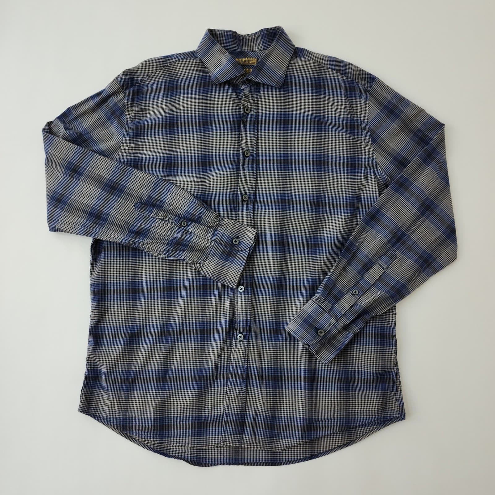 Blue Pronto Uomo Slim Fit Plaid Button Down Shirt Mens XL 100% Cotton Long