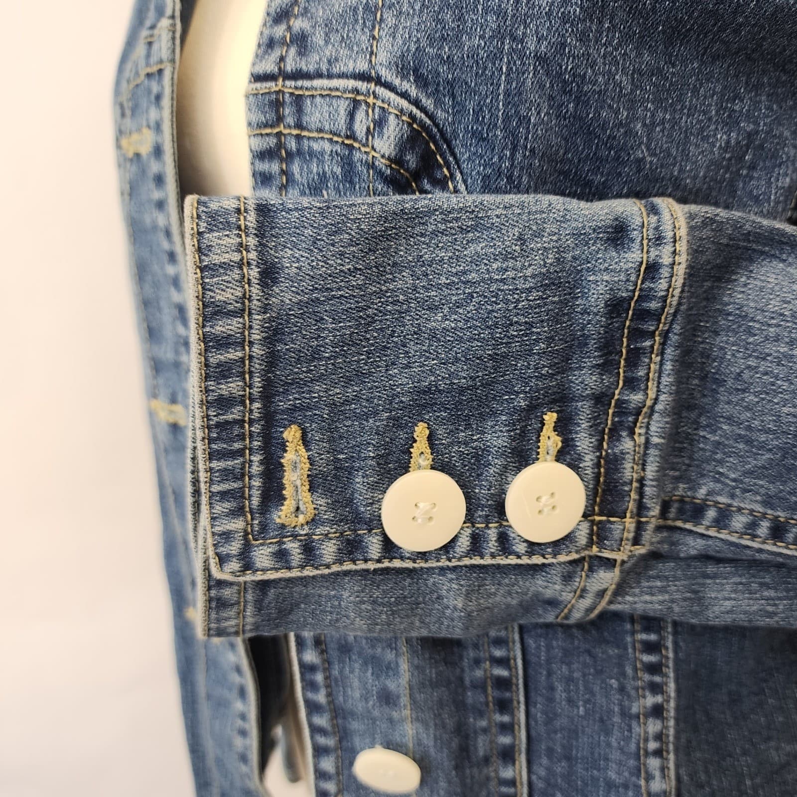 AMX Womens Petite XL Denim Jacket Medium Wash White Buttons Stretch 56449P - Thumbnail 6