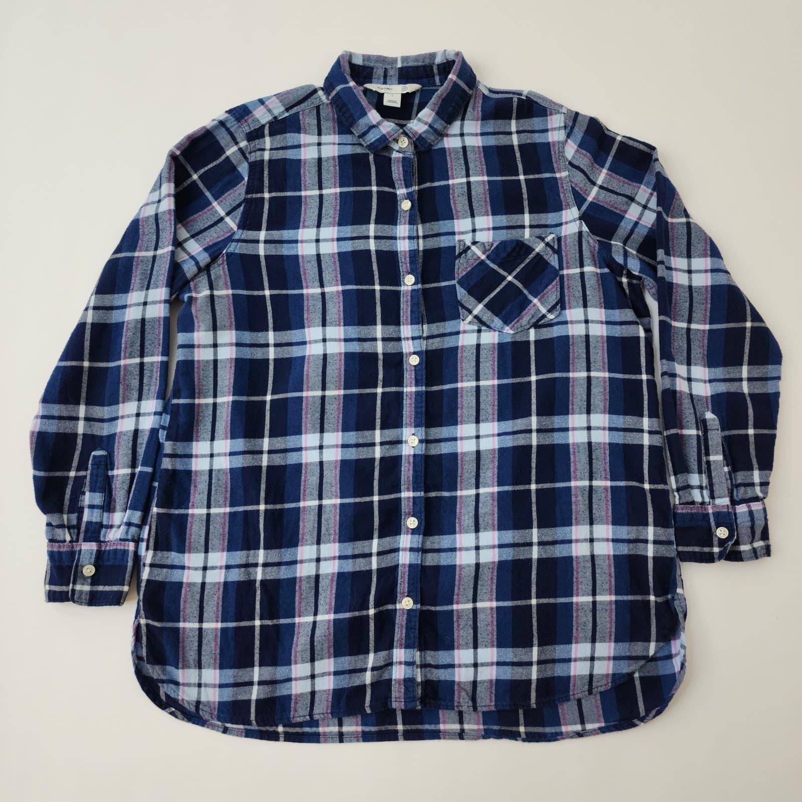 Old Navy The Tunic Shirt Womens Large Blue Pink Plaid Flannel Button Down L