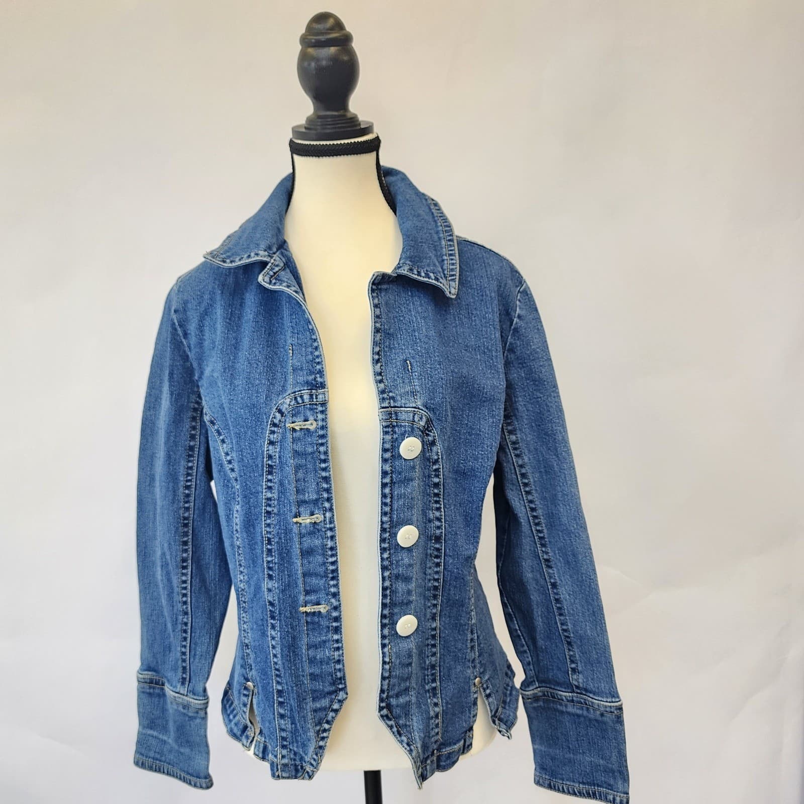 AMX Womens Petite XL Denim Jacket Medium Wash White Buttons Stretch 56449P - Thumbnail 9