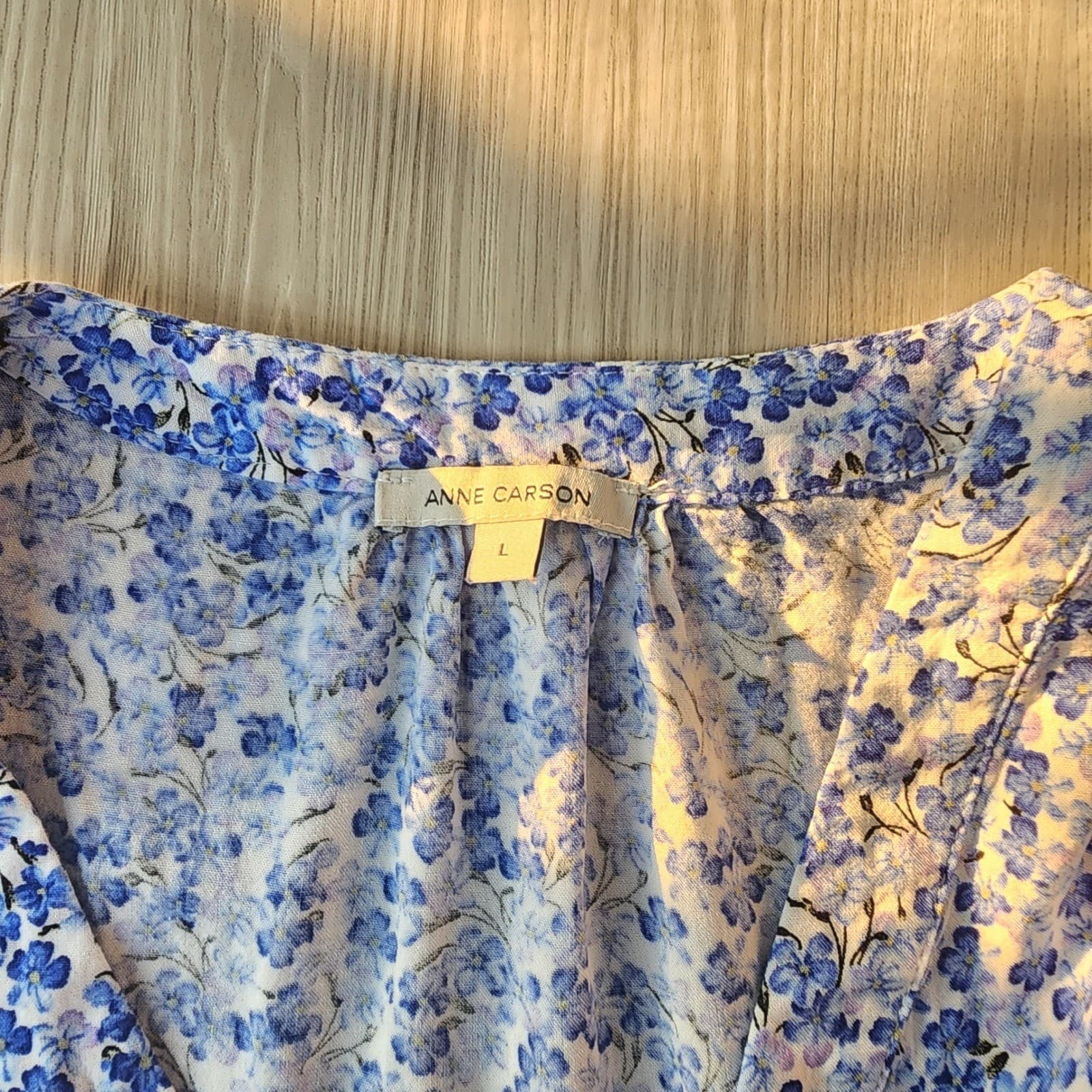 Anne Carson Blue Floral V-Neck Ruffle Cap Sleeve Blouse Top Large - Thumbnail 3