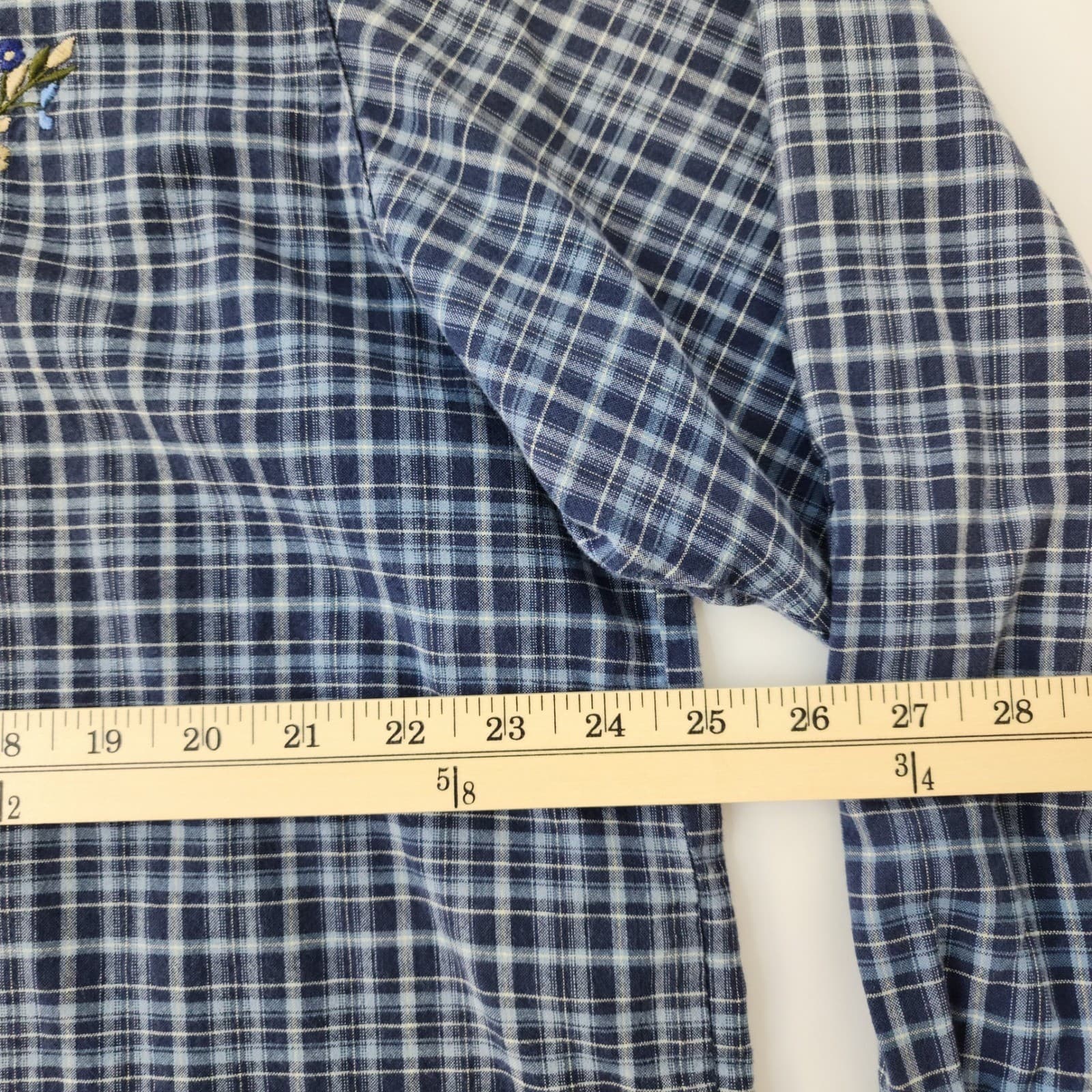 Victoria Jones Woman Blue Plaid Floral Embroidered Cotton Button Down Shirt 1X - Thumbnail 6
