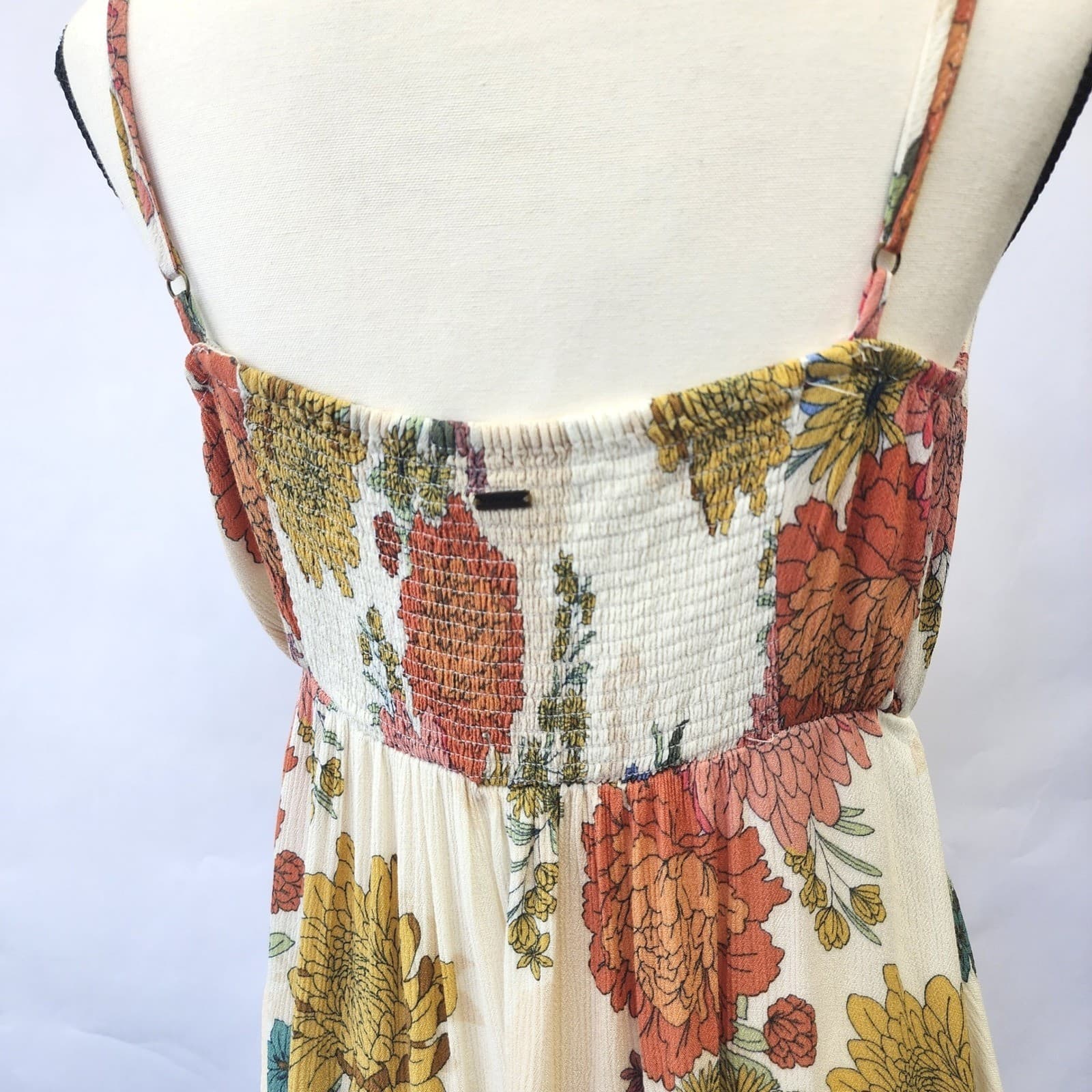 ONeill Womens Floral Smocked Back Ruffle Hem Sundress Cream Orange Large - Thumbnail 4