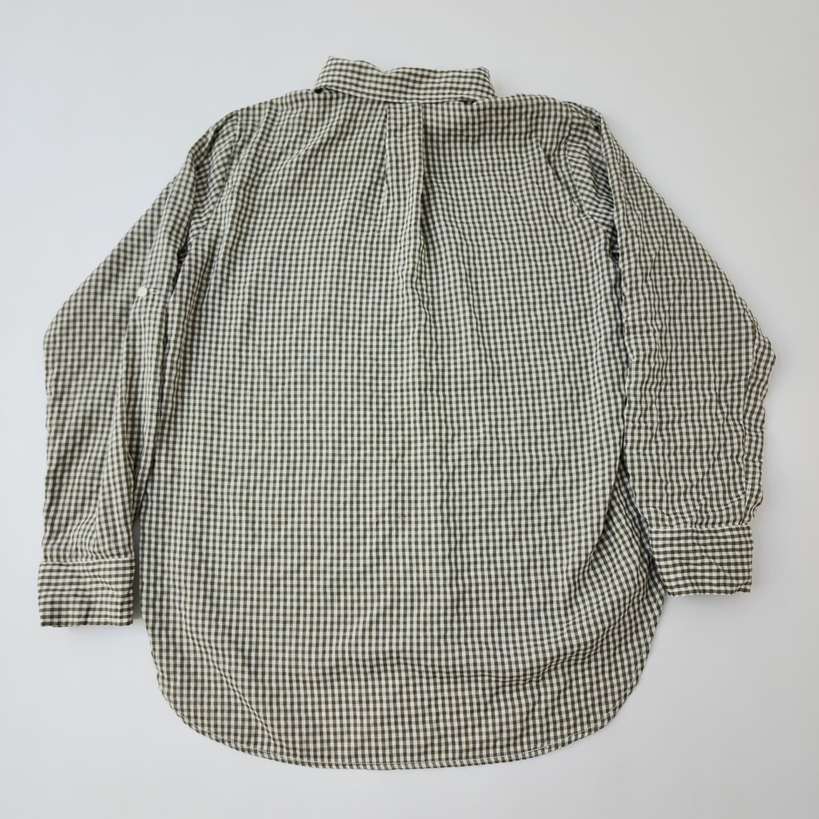 Max Studio Olive Green Gingham Button Down Shirt Roll Tab Sleeve Large - Thumbnail 8
