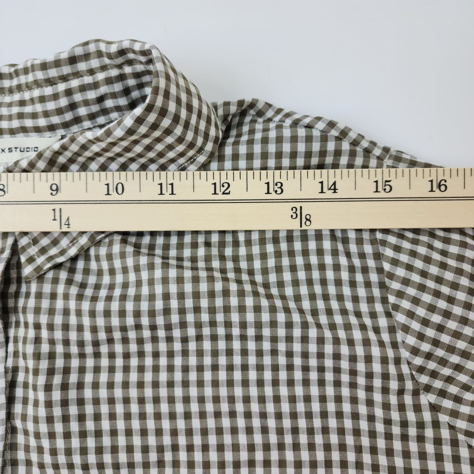 Max Studio Olive Green Gingham Button Down Shirt Roll Tab Sleeve Large - Thumbnail 4