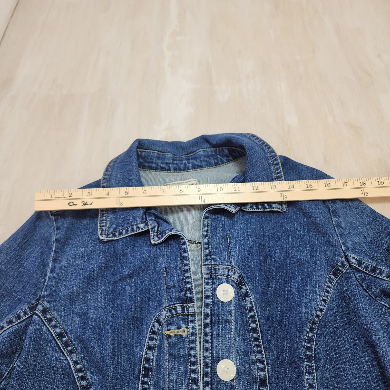 AMX Womens Petite XL Denim Jacket Medium Wash White Buttons Stretch 56449P - Thumbnail 3
