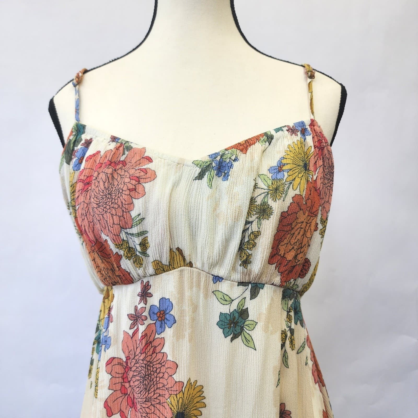 ONeill Womens Floral Smocked Back Ruffle Hem Sundress Cream Orange Large - Thumbnail 2