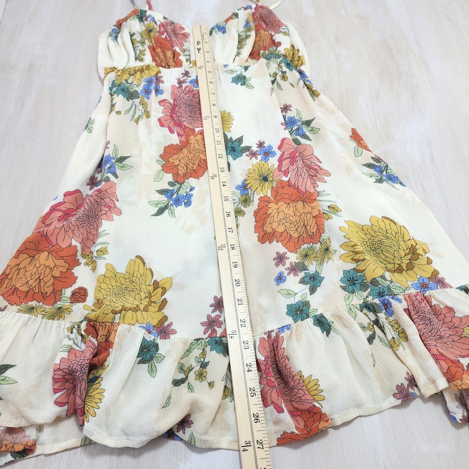 ONeill Womens Floral Smocked Back Ruffle Hem Sundress Cream Orange Large - Thumbnail 7