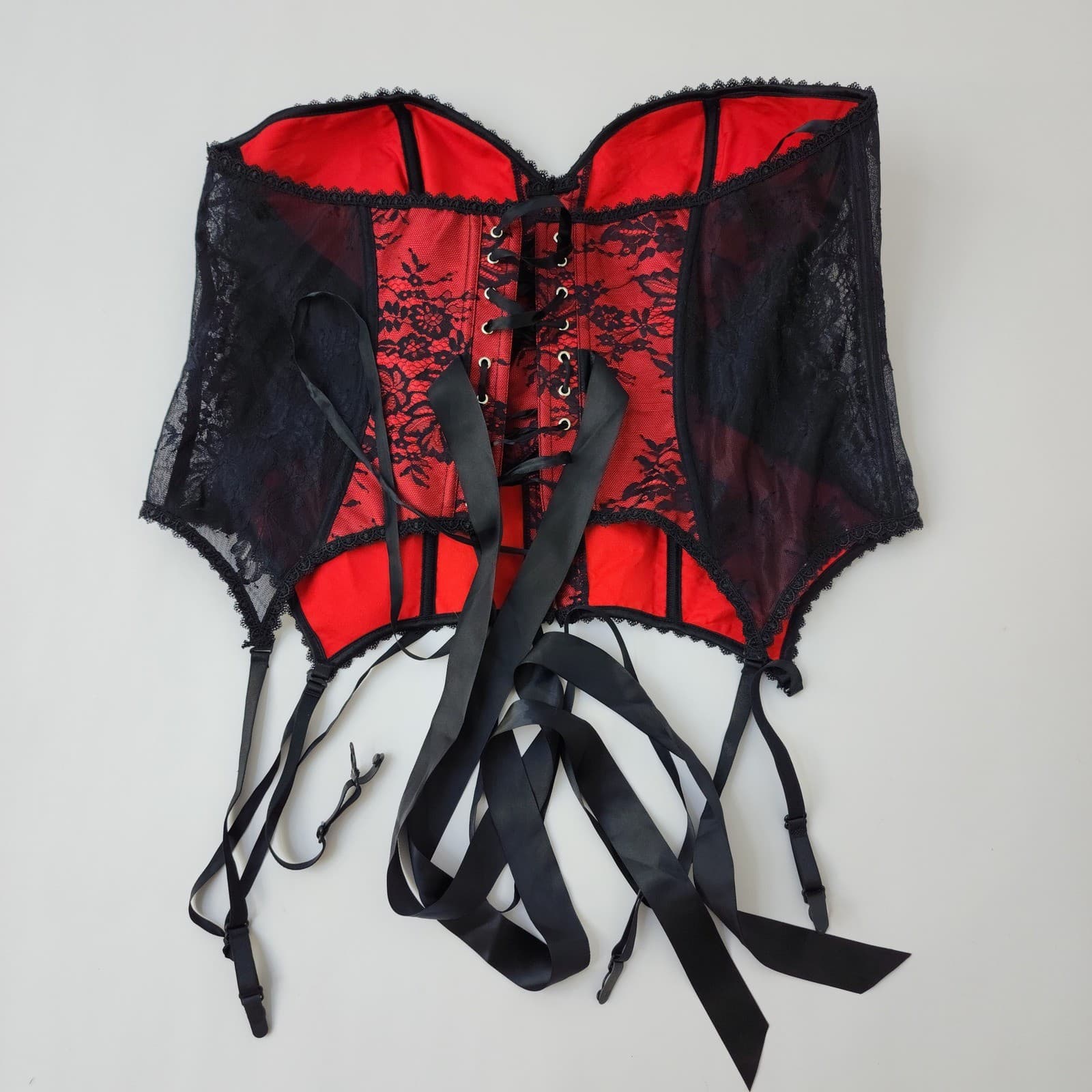 Adore Me Red Black Lace Garter Corset Lingerie Busk Front Lace Up Back 3X - Thumbnail 3