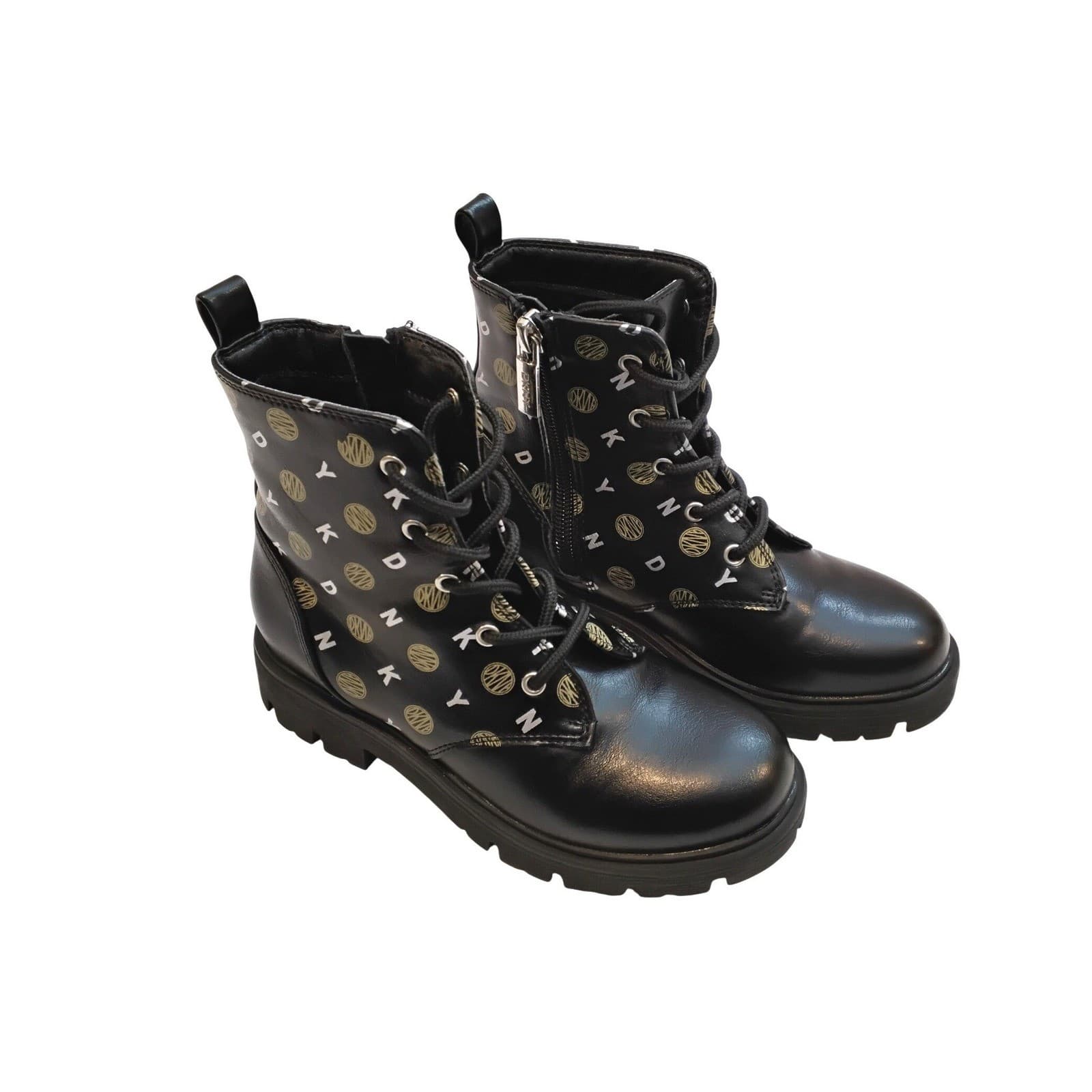 DKNY Girls Black Logo Print Lace Up Side Zip Combat Boots DKN707 Size 12