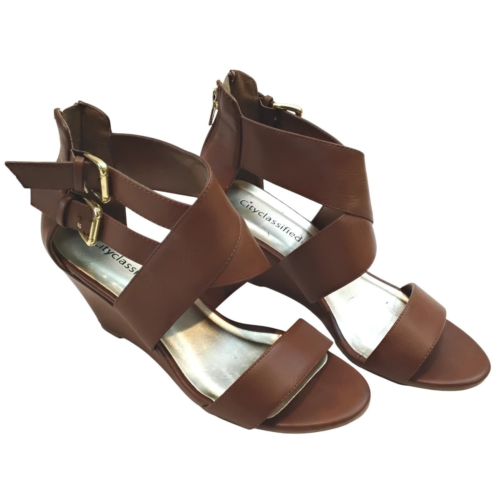 Cityclassified Women Brown Faux Leather Wedge Sandals Strappy Back Zip Size 8