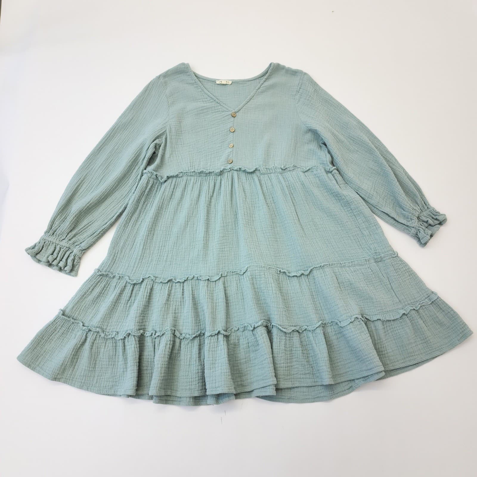 Jodifl Sage Green Gauze Tiered Babydoll Mini Dress Long Sleeve V-Neck Large