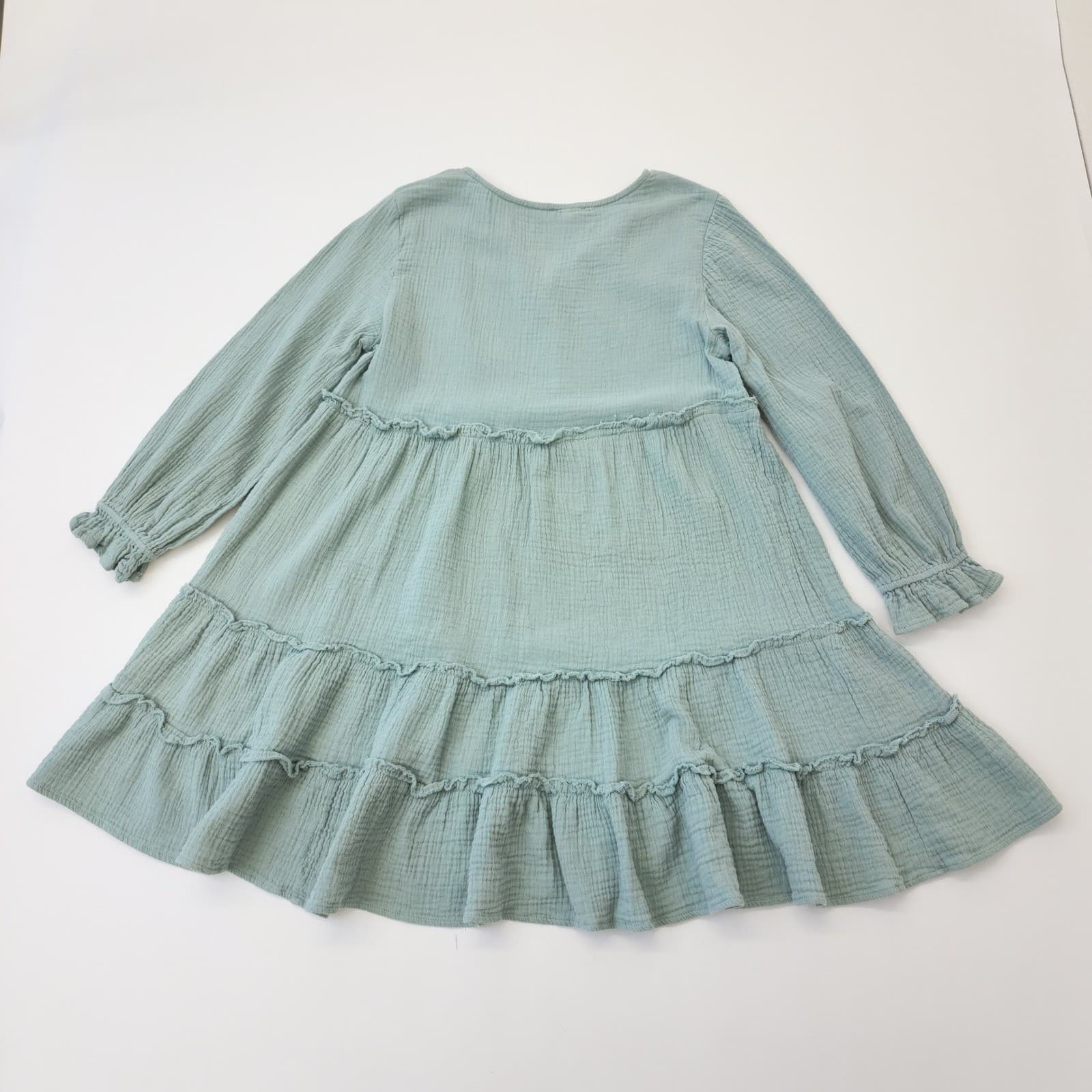 Jodifl Sage Green Gauze Tiered Babydoll Mini Dress Long Sleeve V-Neck Large - Thumbnail 2