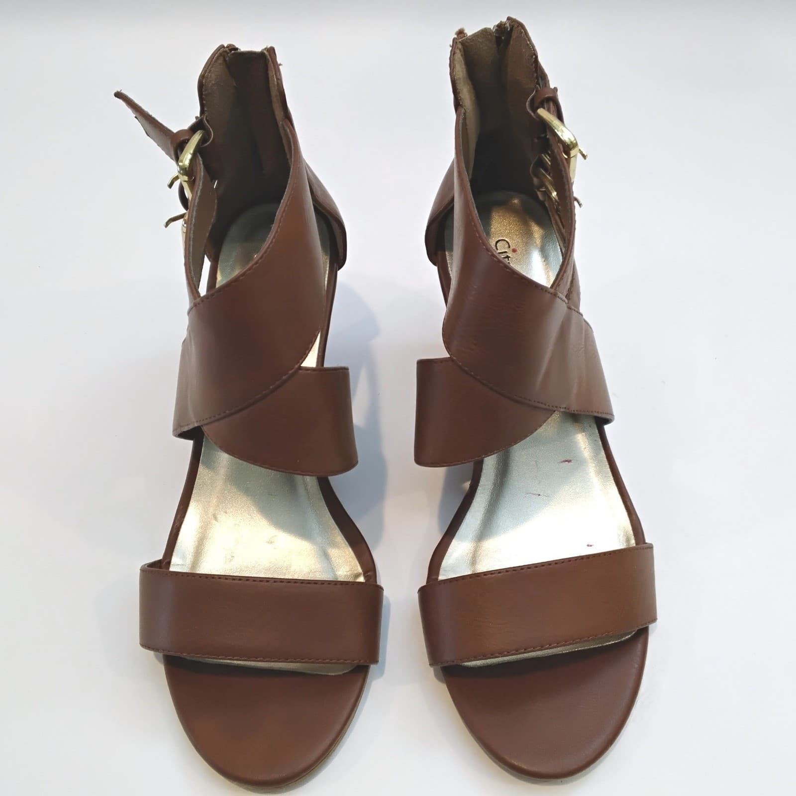 Cityclassified Women Brown Faux Leather Wedge Sandals Strappy Back Zip Size 8 - Thumbnail 2
