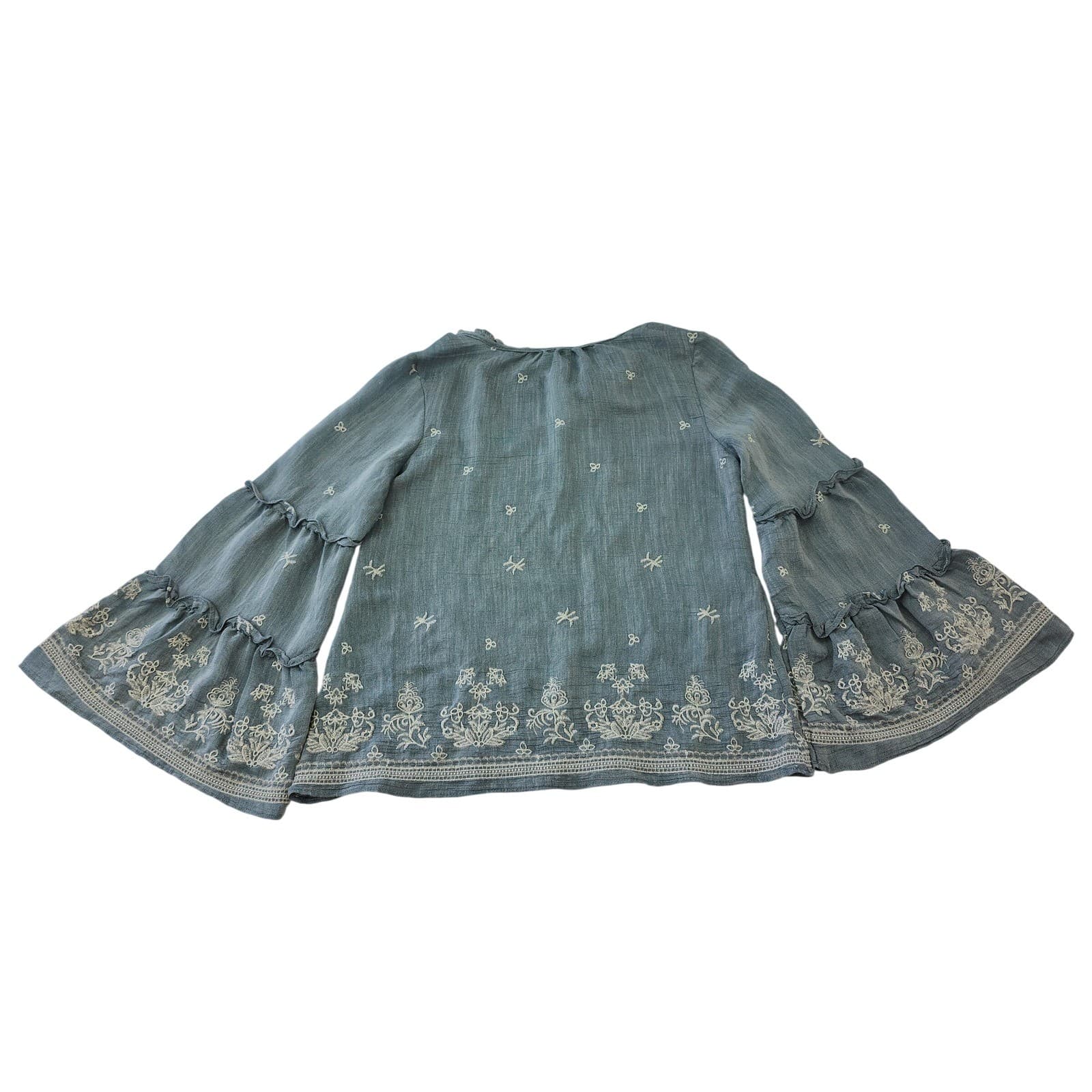 Fig and Flower Blue Embroidered Boho Bell Sleeve Blouse Small - Thumbnail 3