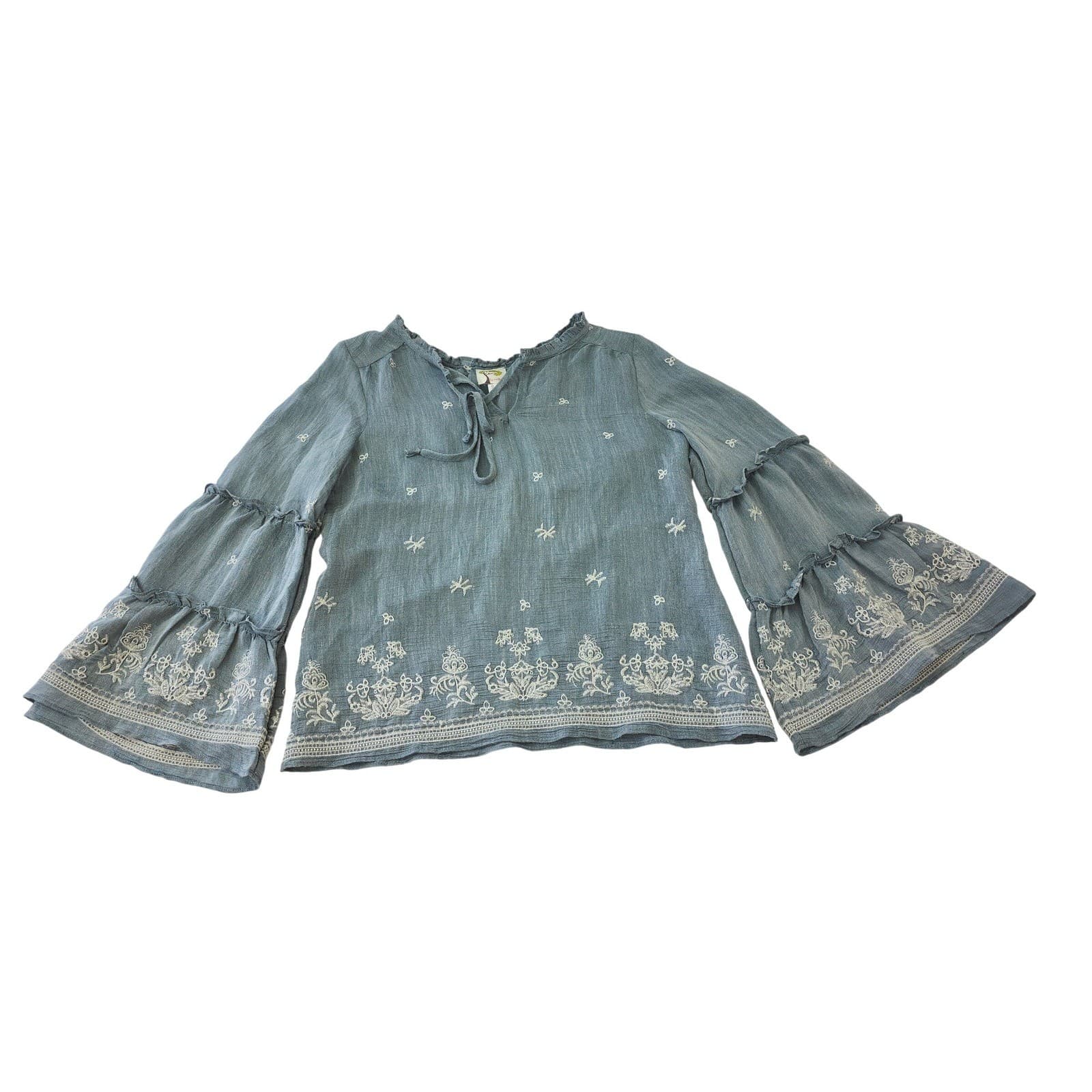 Fig and Flower Blue Embroidered Boho Bell Sleeve Blouse Small