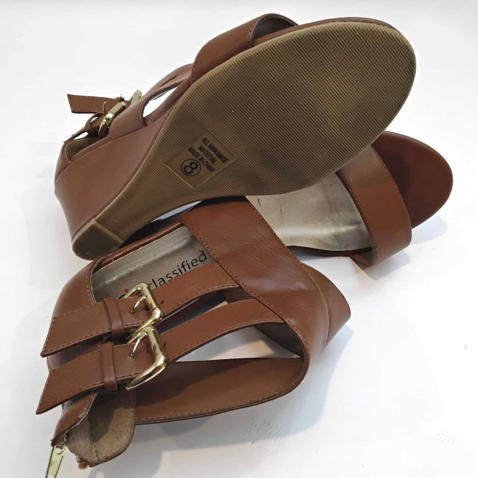Cityclassified Women Brown Faux Leather Wedge Sandals Strappy Back Zip Size 8 - Thumbnail 4