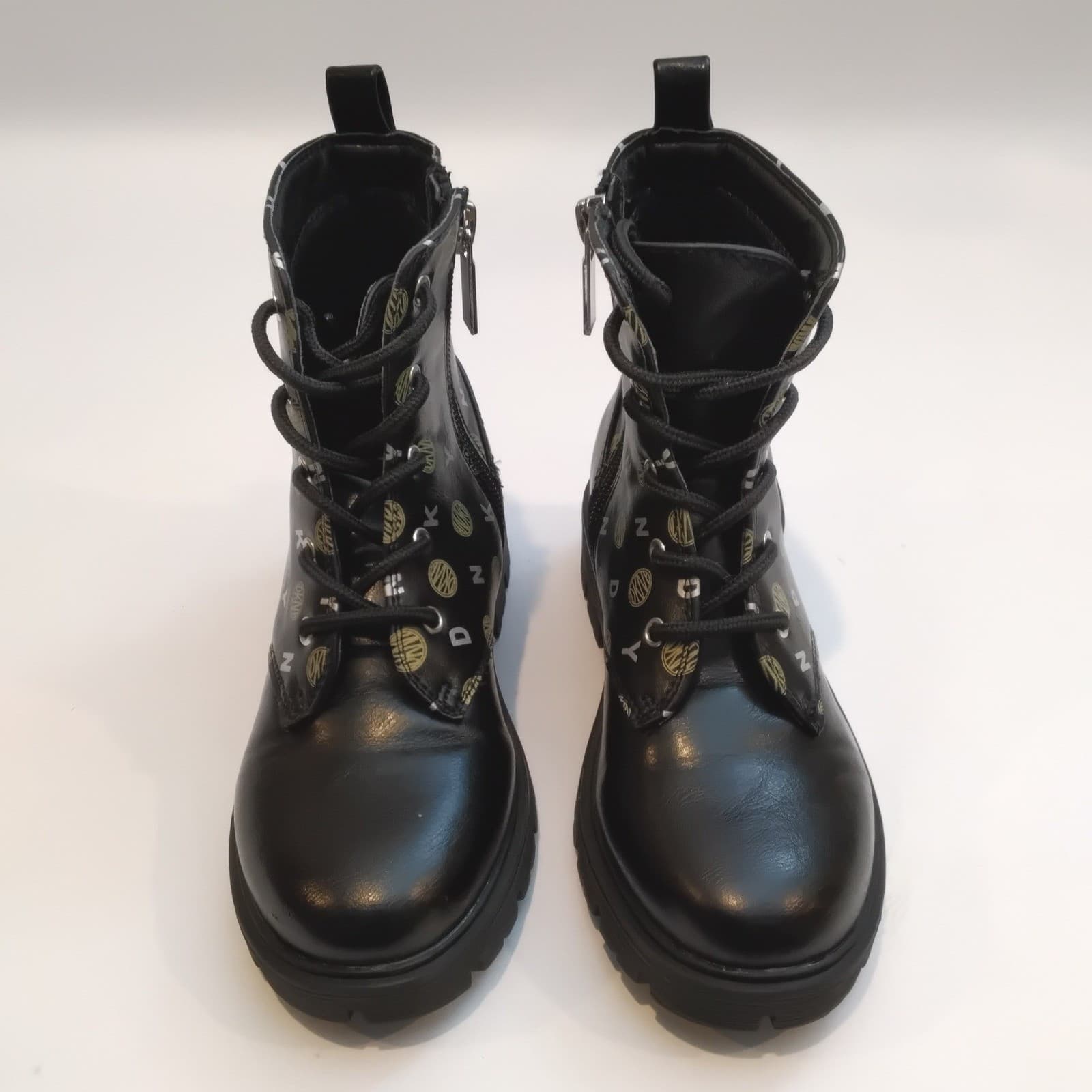 DKNY Girls Black Logo Print Lace Up Side Zip Combat Boots DKN707 Size 12 - Thumbnail 2