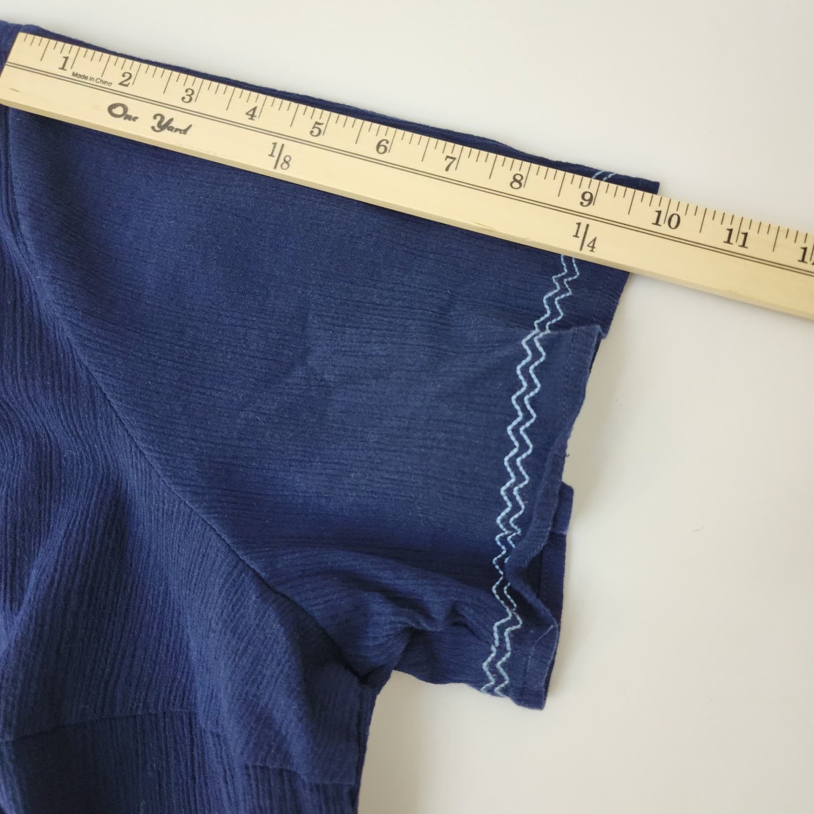 Denim & Co Navy Blue Crinkle Gauze Embroidered V-Neck Short Sleeve Blouse Top - Thumbnail 6
