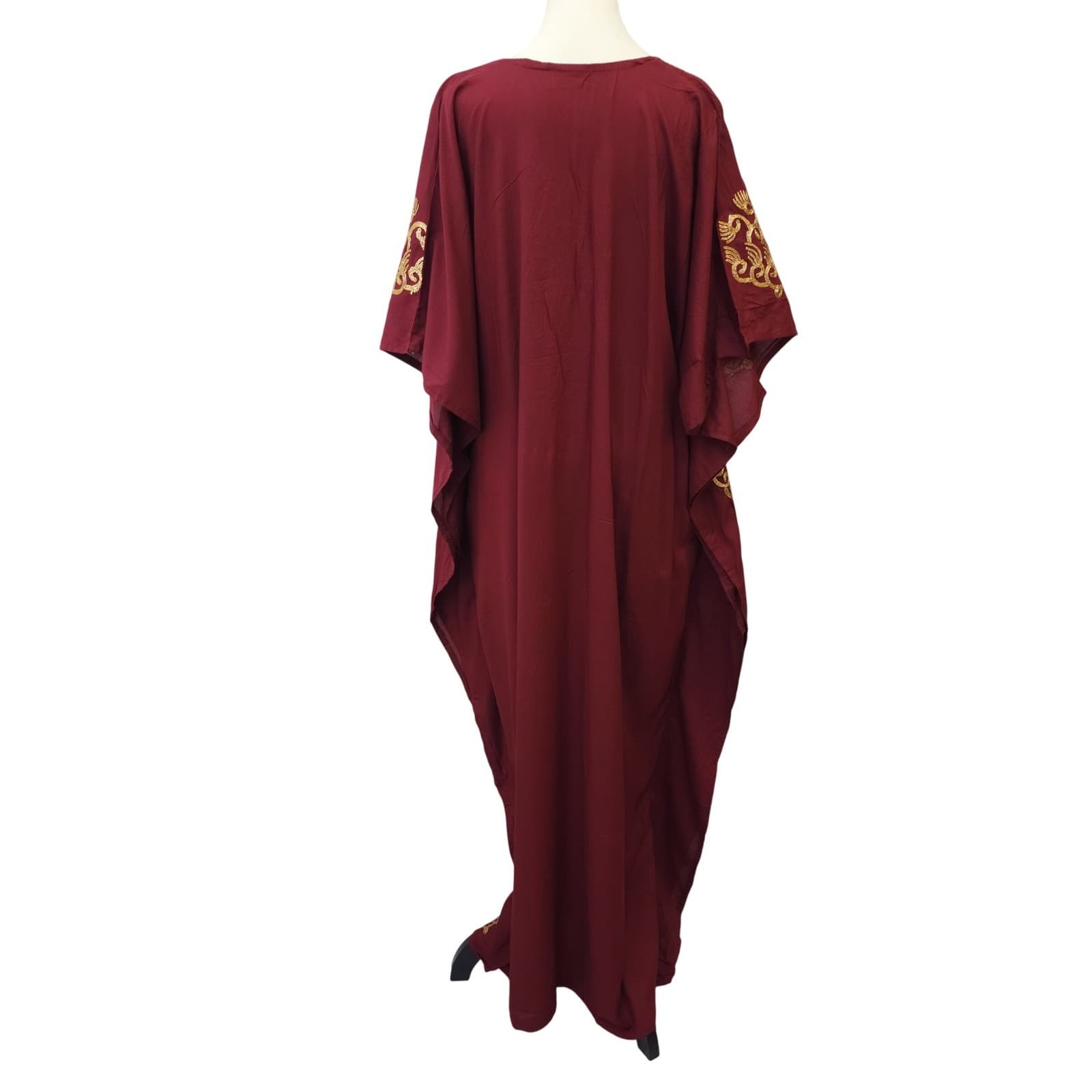 M&N Dira Time Burgundy Gold Embroidered Kaftan Maxi Dress Rhinestone Embellished - Thumbnail 3