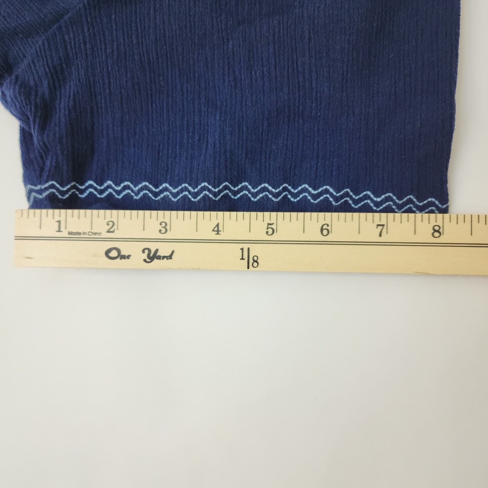 Denim & Co Navy Blue Crinkle Gauze Embroidered V-Neck Short Sleeve Blouse Top - Thumbnail 7