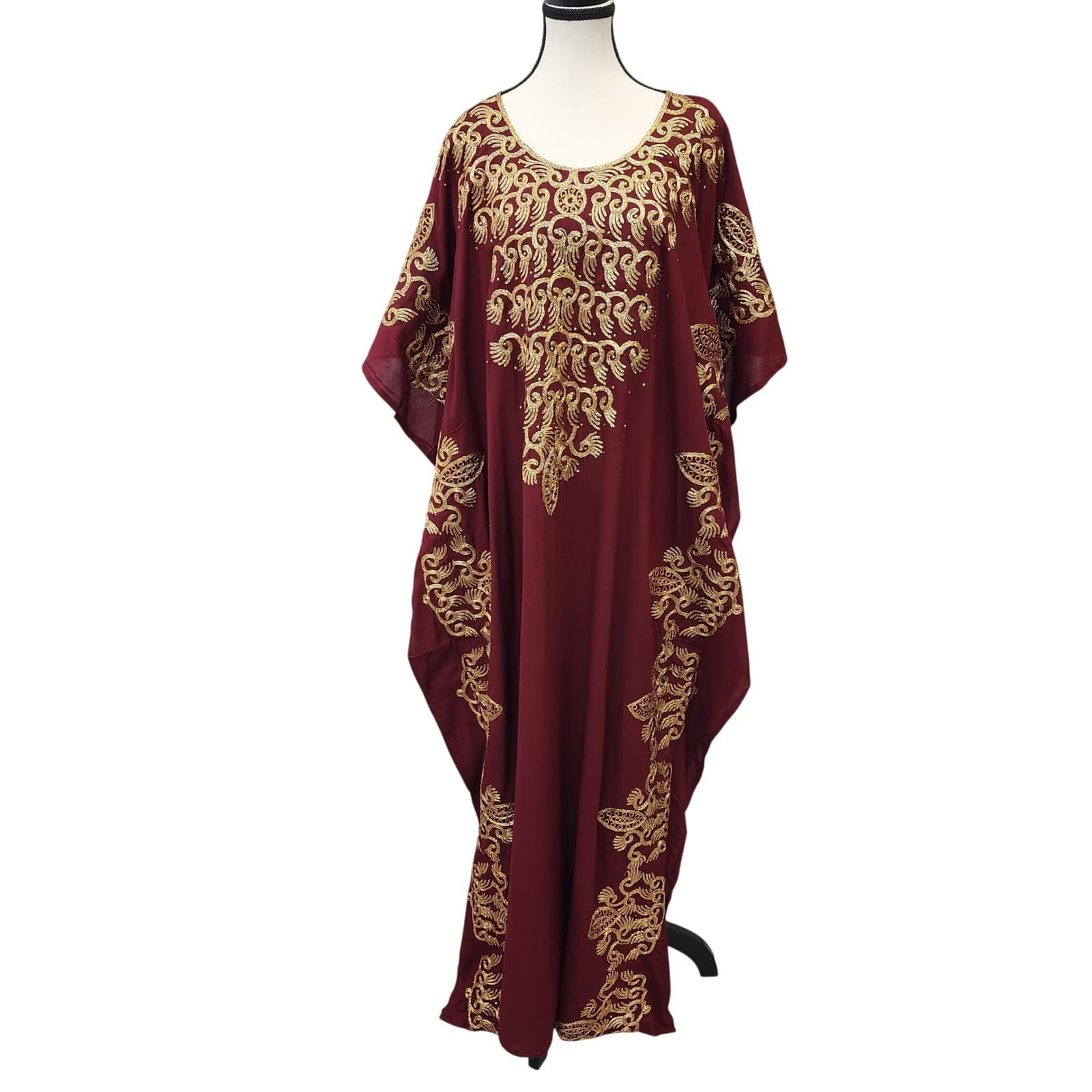 M&N Dira Time Burgundy Gold Embroidered Kaftan Maxi Dress Rhinestone Embellished