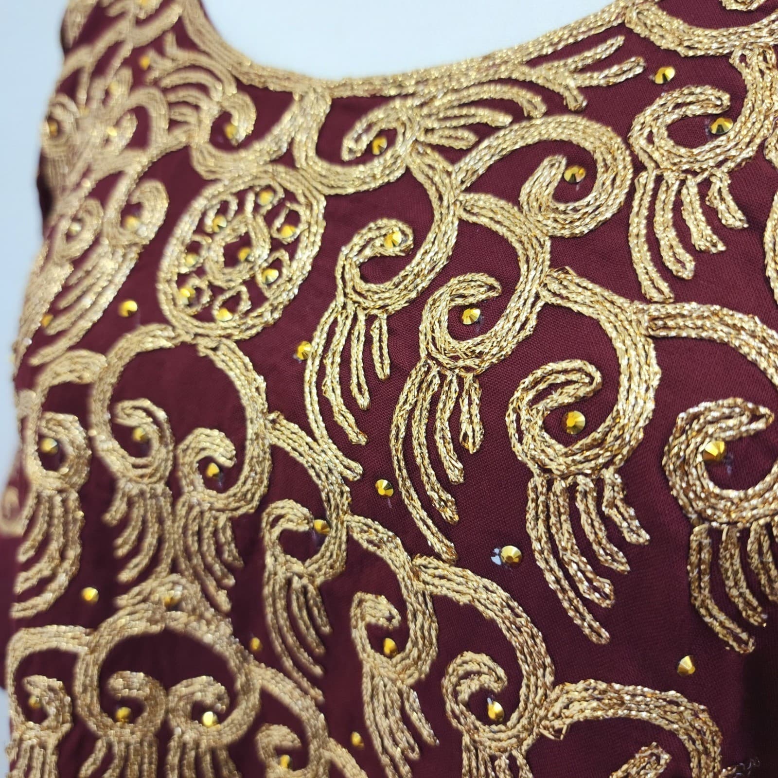 M&N Dira Time Burgundy Gold Embroidered Kaftan Maxi Dress Rhinestone Embellished - Thumbnail 4