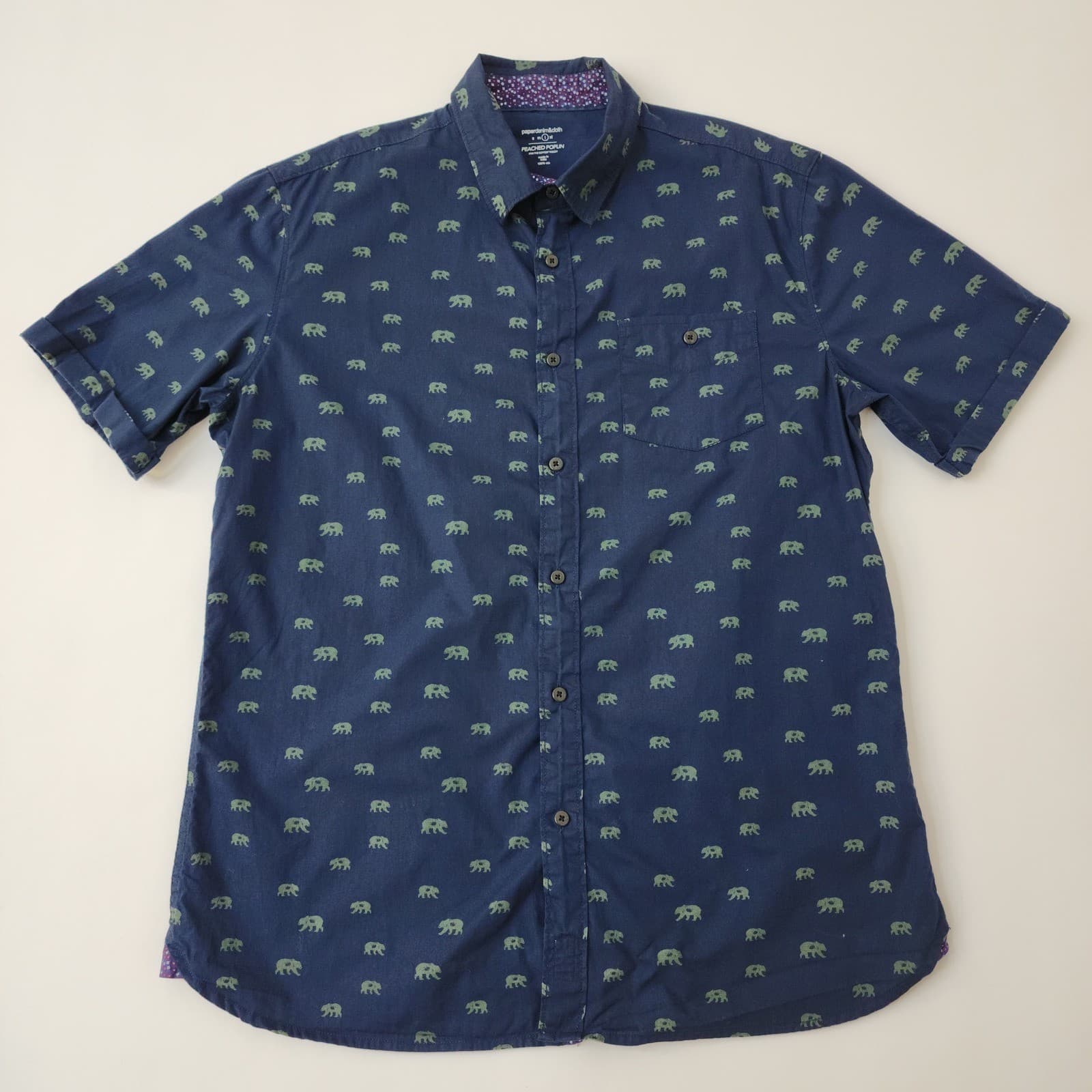 Paper Denim & Cloth Teen Peached Poplin Bear Print Shirt Navy Blue Large L