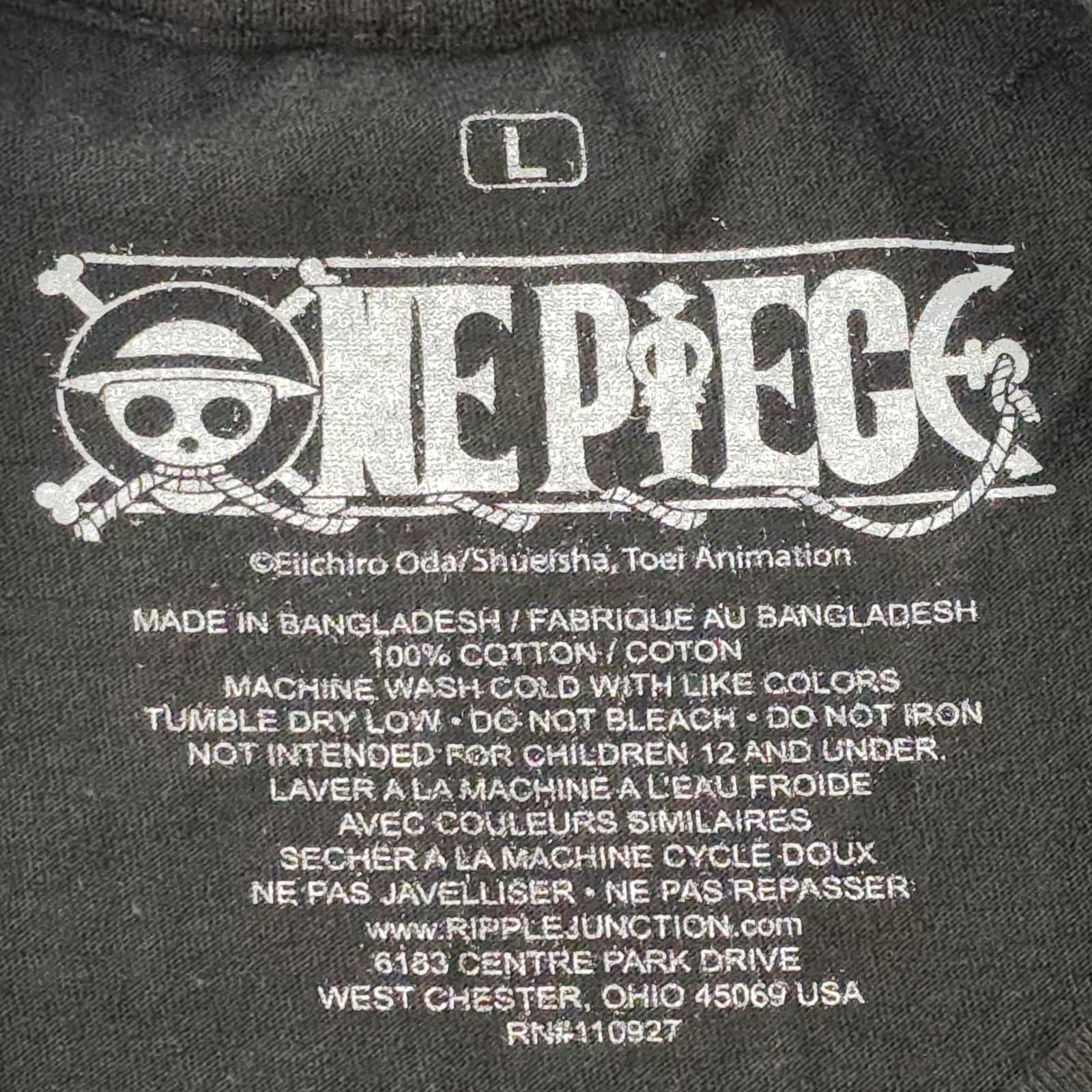 One Piece Ripple Junction Straw Hat Crew Graphic T-Shirt Black Mens Large Cotton - Thumbnail 4