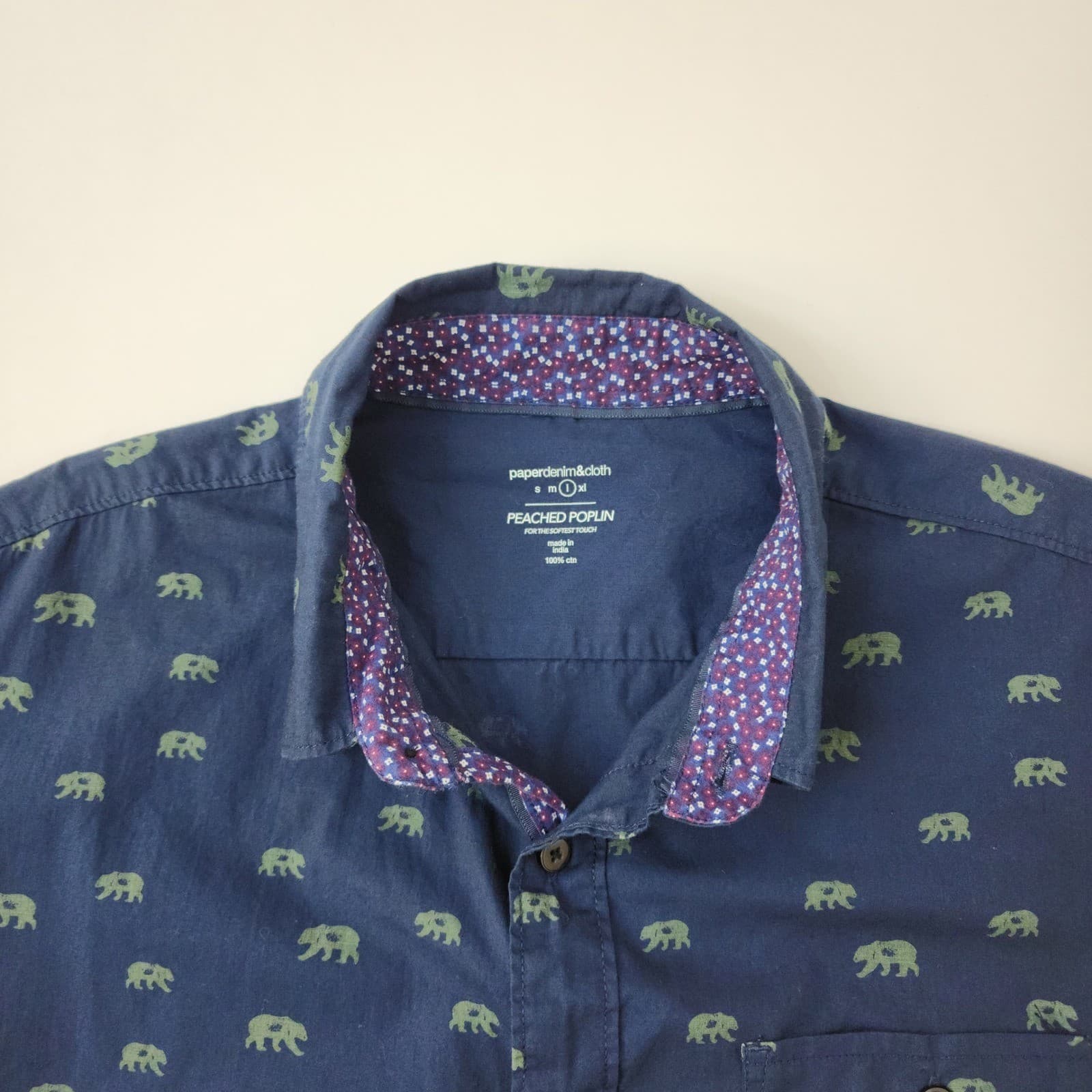Paper Denim & Cloth Teen Peached Poplin Bear Print Shirt Navy Blue Large L - Thumbnail 8