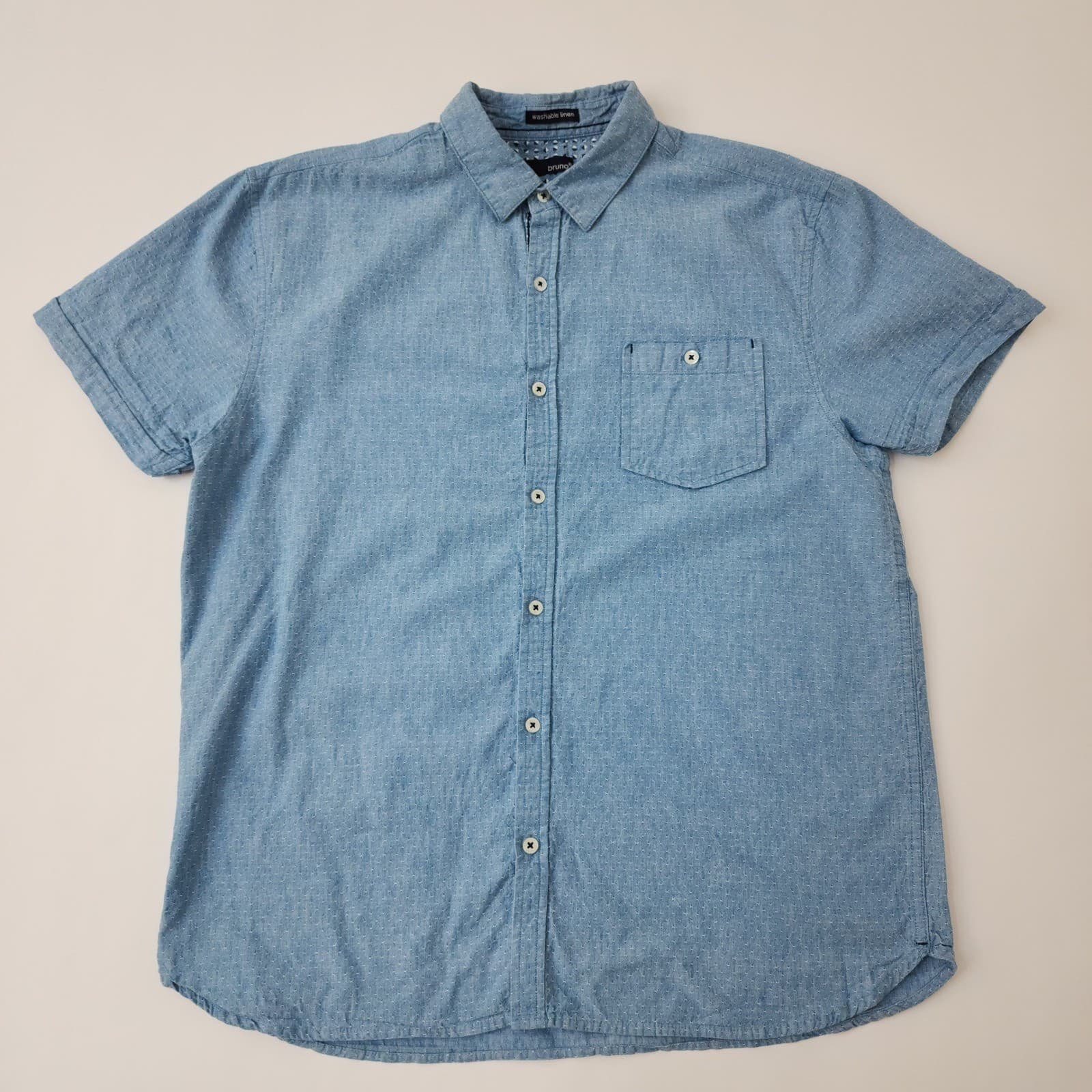 Bruno Mens Blue Short Sleeve Cotton Linen Blend Button Up Shirt Large Dot