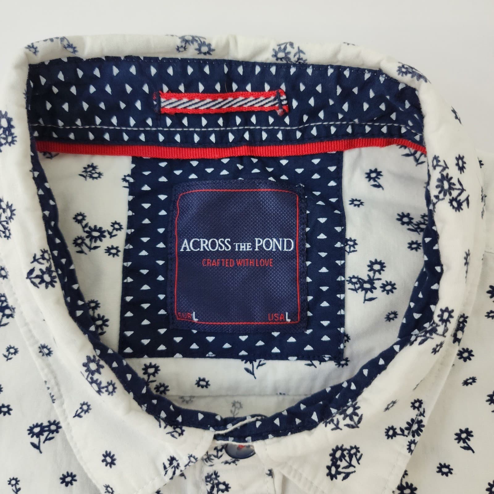 Across The Pond Teens Large White Navy Floral Print Short Sleeve Button Down - Thumbnail 5