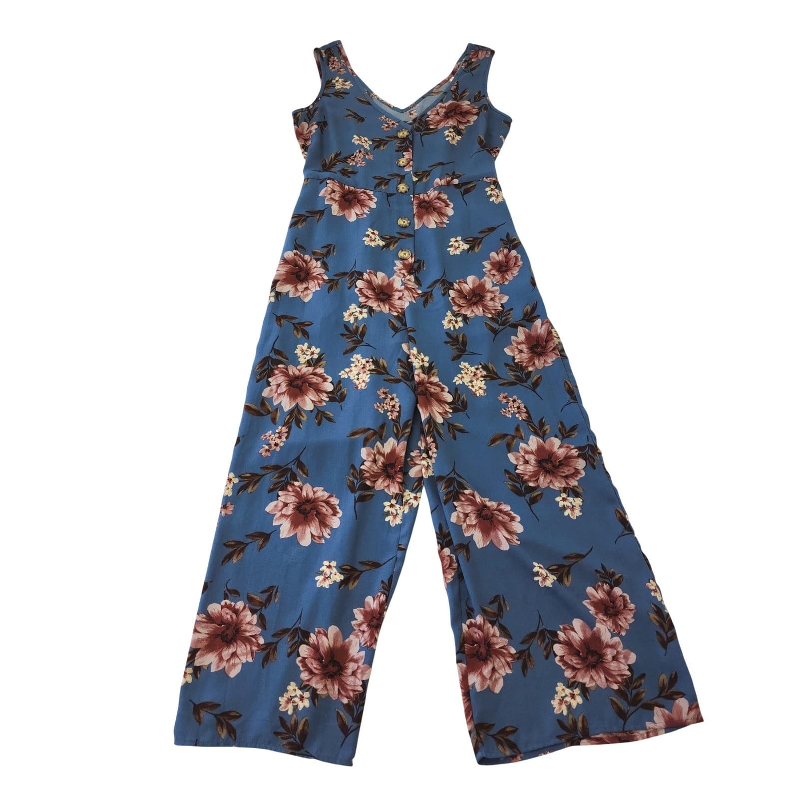 Xhilaration Blue Floral Wide Leg Jumpsuit Sleeveless Button Front Size S