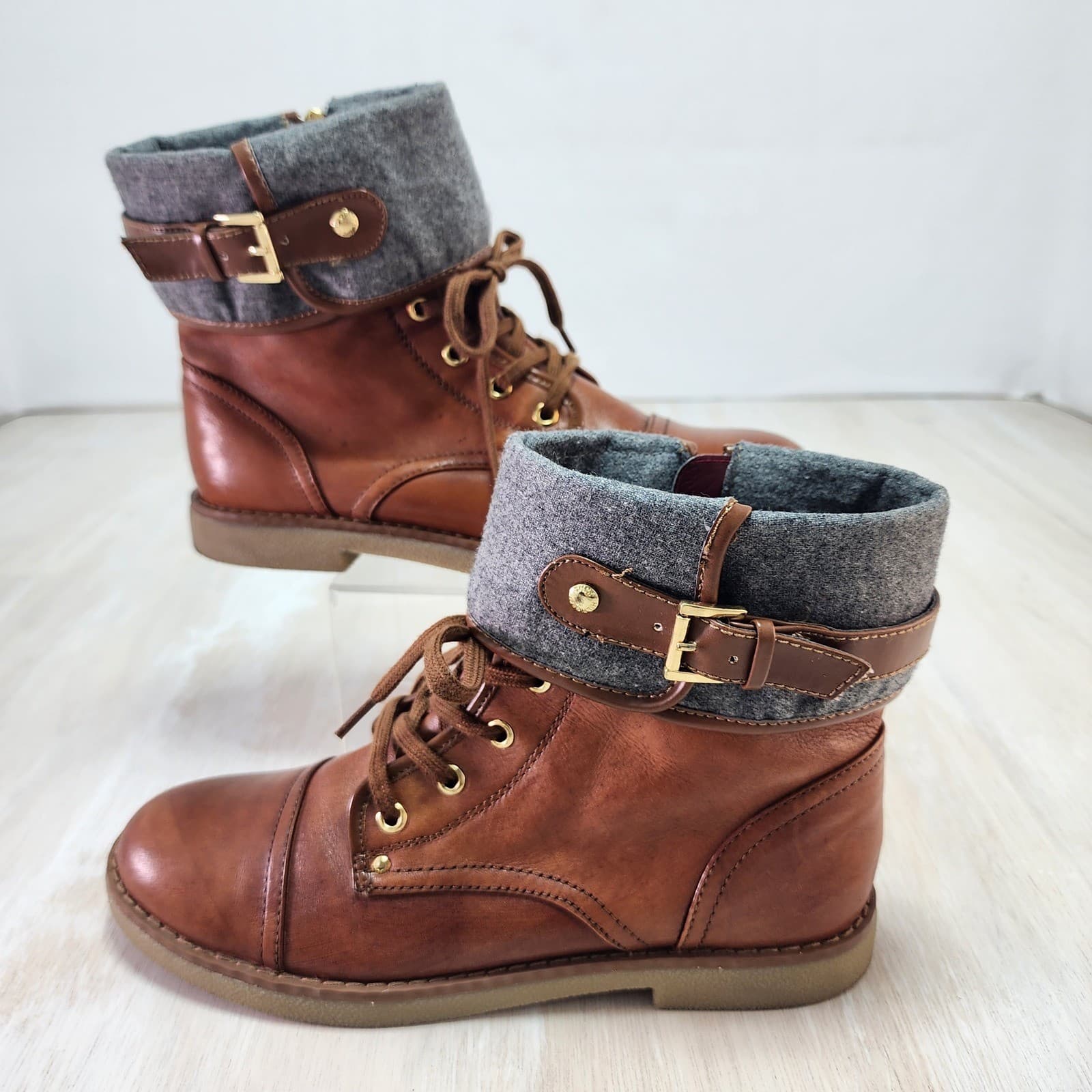 Tommy Hilfiger Womens Brown Cap Toe Combat Boots Grey Felt Cuff Size 9.5M - Thumbnail 5