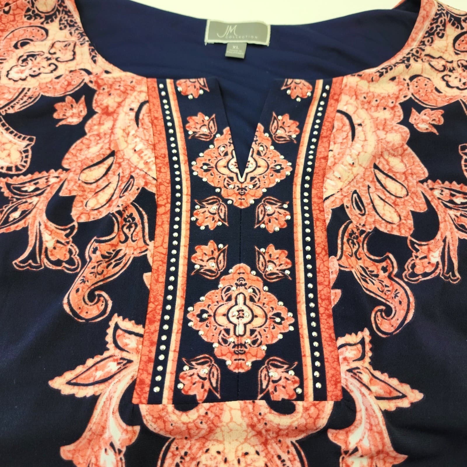 JM Collection Navy Coral Paisley Sleeveless Rhinestone Split Neck Dress XL - Thumbnail 5