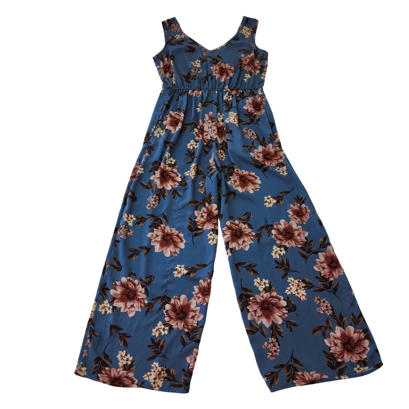 Xhilaration Blue Floral Wide Leg Jumpsuit Sleeveless Button Front Size S - Thumbnail 5