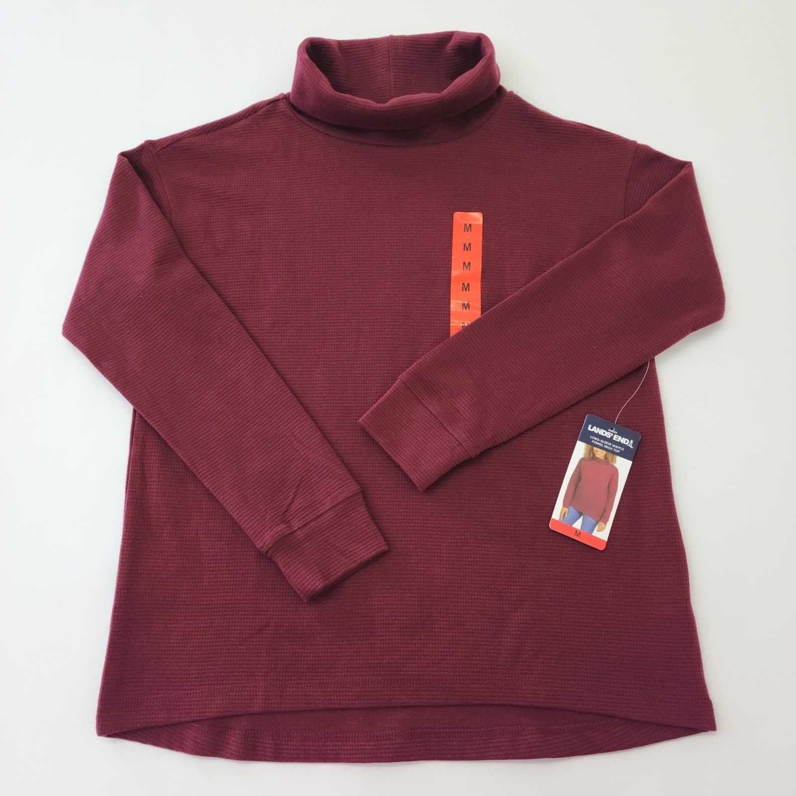 Lands End Women Burgundy Waffle Knit Funnel Neck Long Sleeve Top Size M NWT