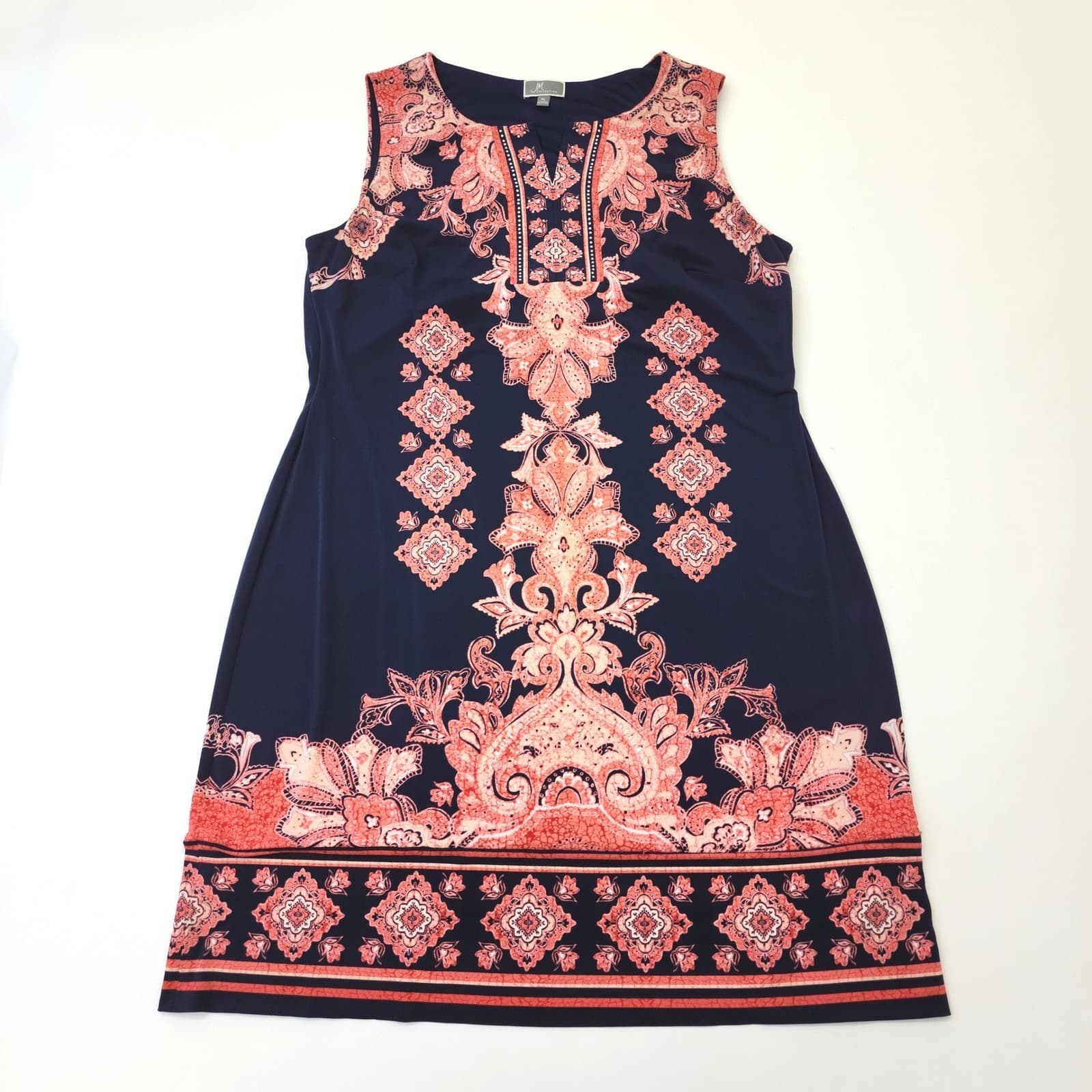 JM Collection Navy Coral Paisley Sleeveless Rhinestone Split Neck Dress XL