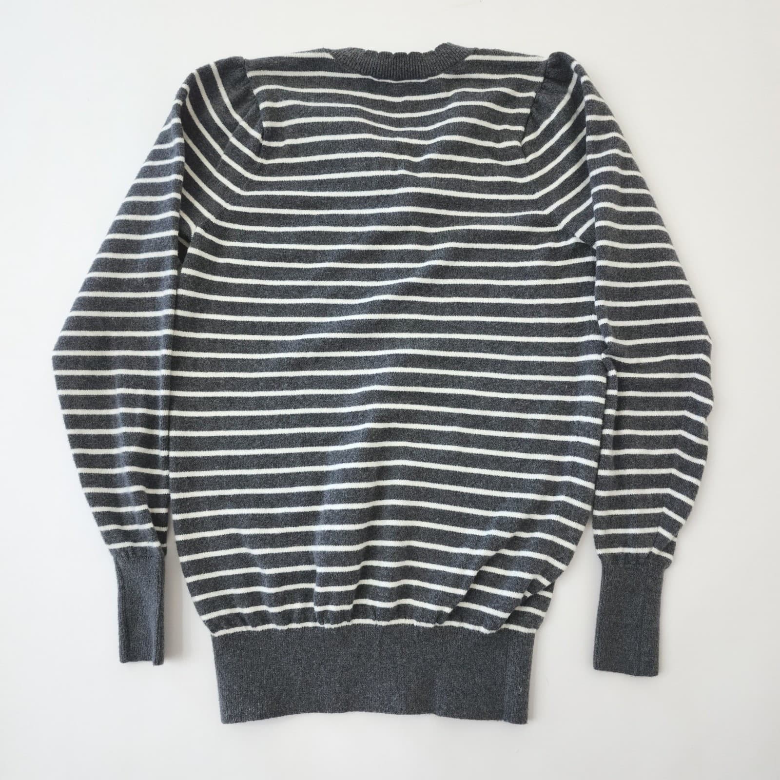 Loft Striped Henley Sweater Women XS Gray White Button Front Puff Sleeve Knit - Thumbnail 7