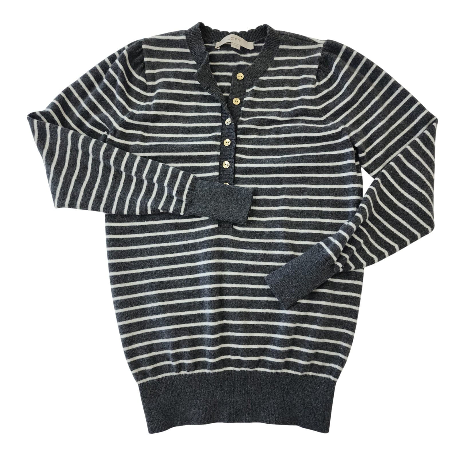 Loft Striped Henley Sweater Women XS Gray White Button Front Puff Sleeve Knit