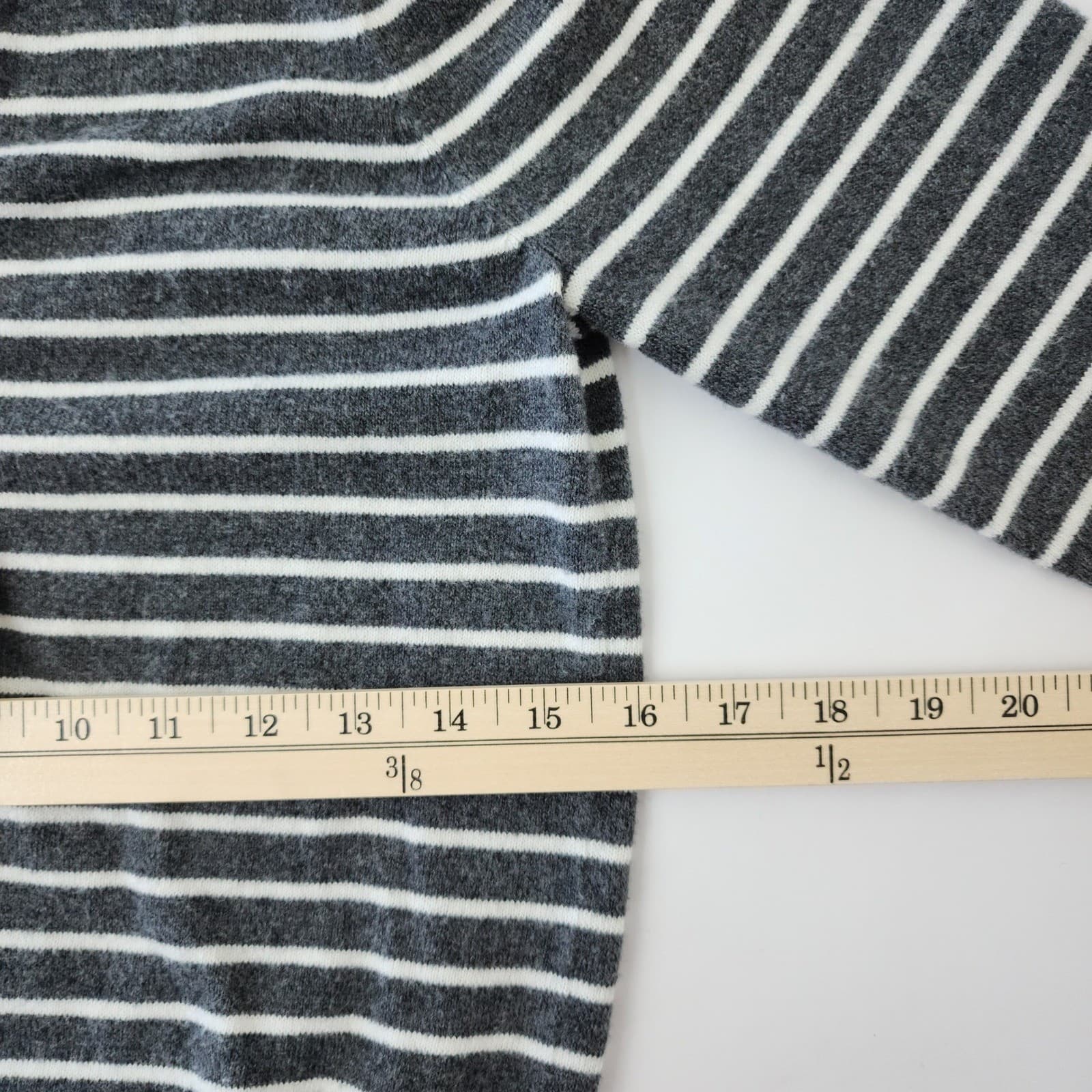 Loft Striped Henley Sweater Women XS Gray White Button Front Puff Sleeve Knit - Thumbnail 3
