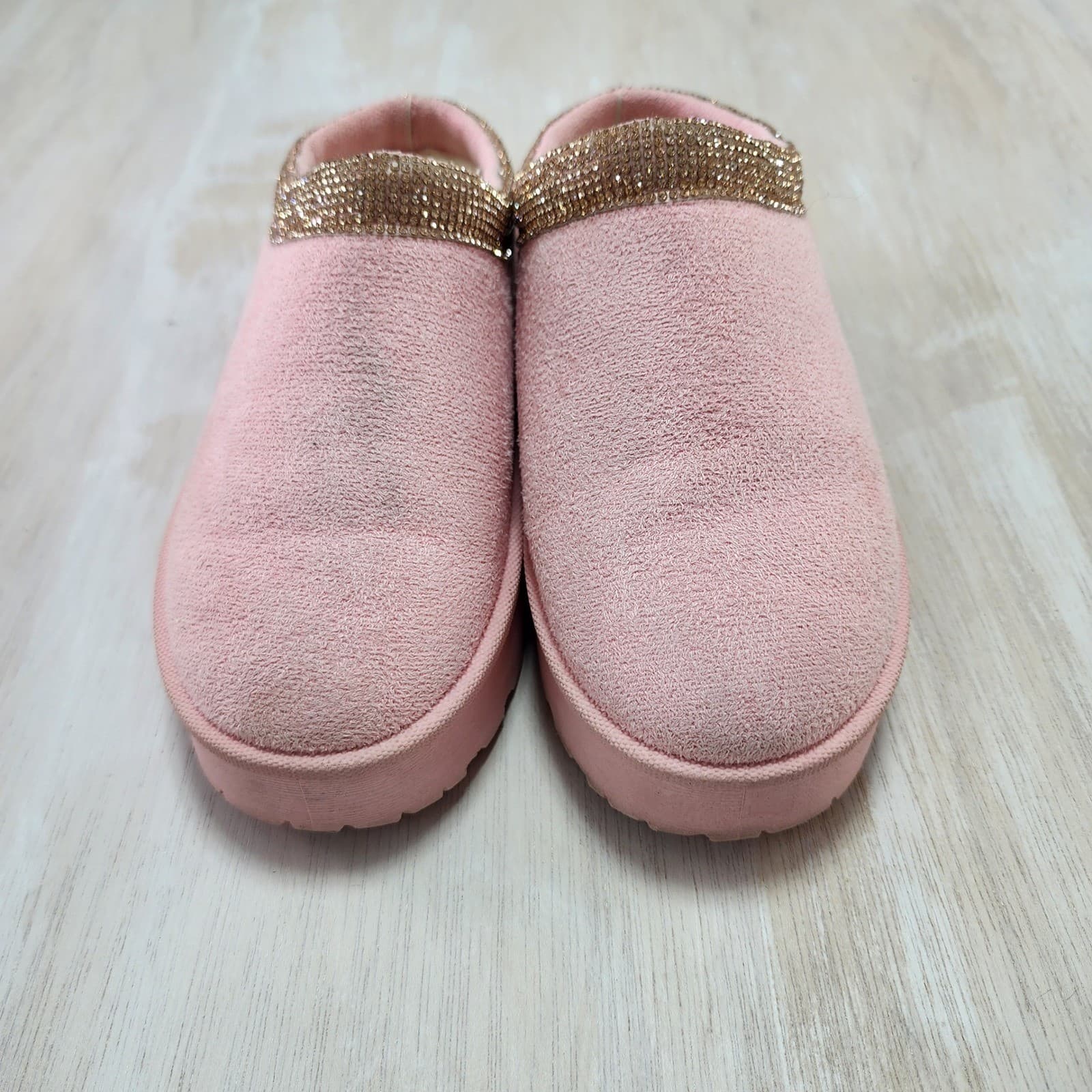 Link Girls Pink Faux Fur Rhinestone Platform Slippers Size 3 Kids Blush Clogs - Thumbnail 3