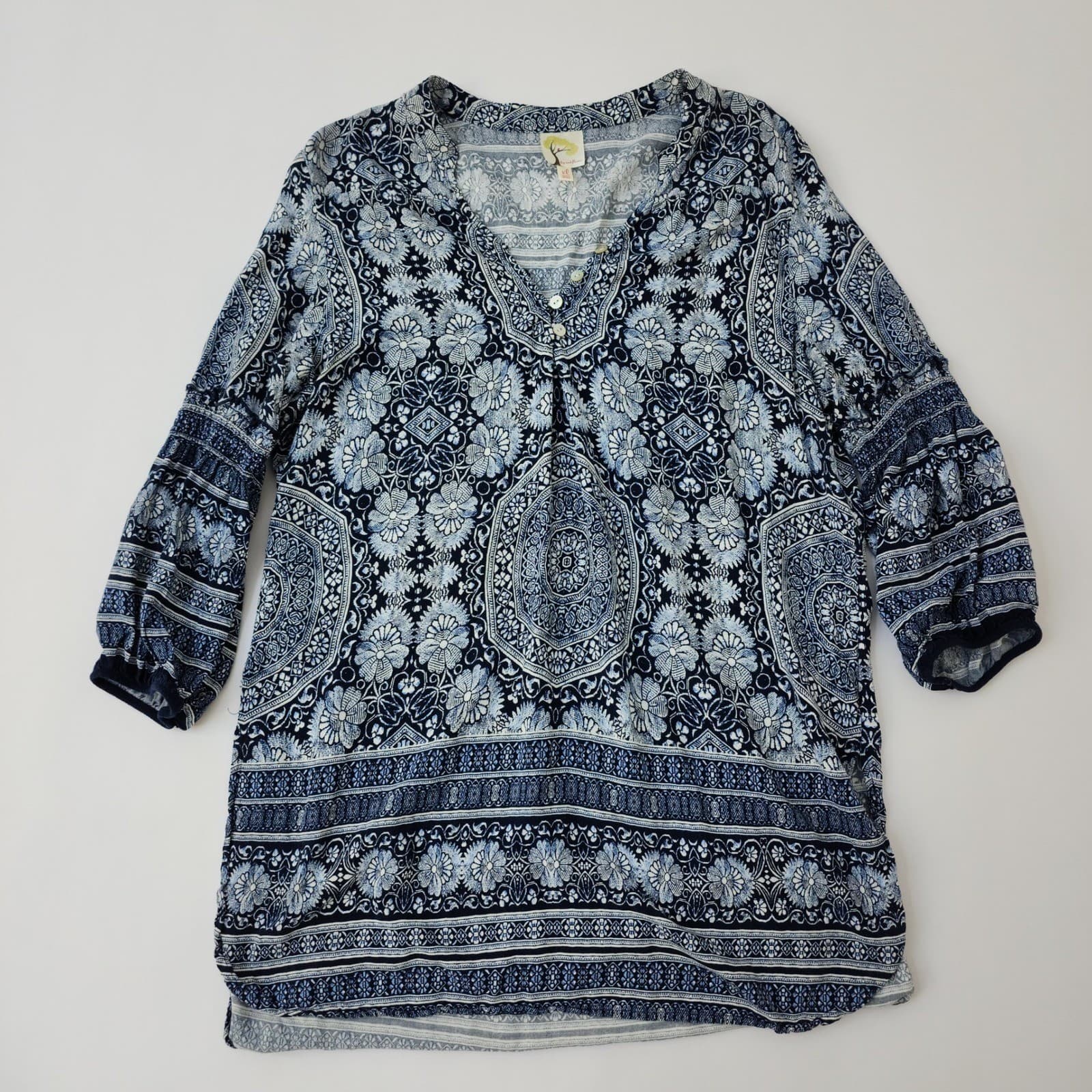 Fig and Flower Blue Paisley Floral Medallion Boho Tunic Top XL Womens 3/4 Sleeve