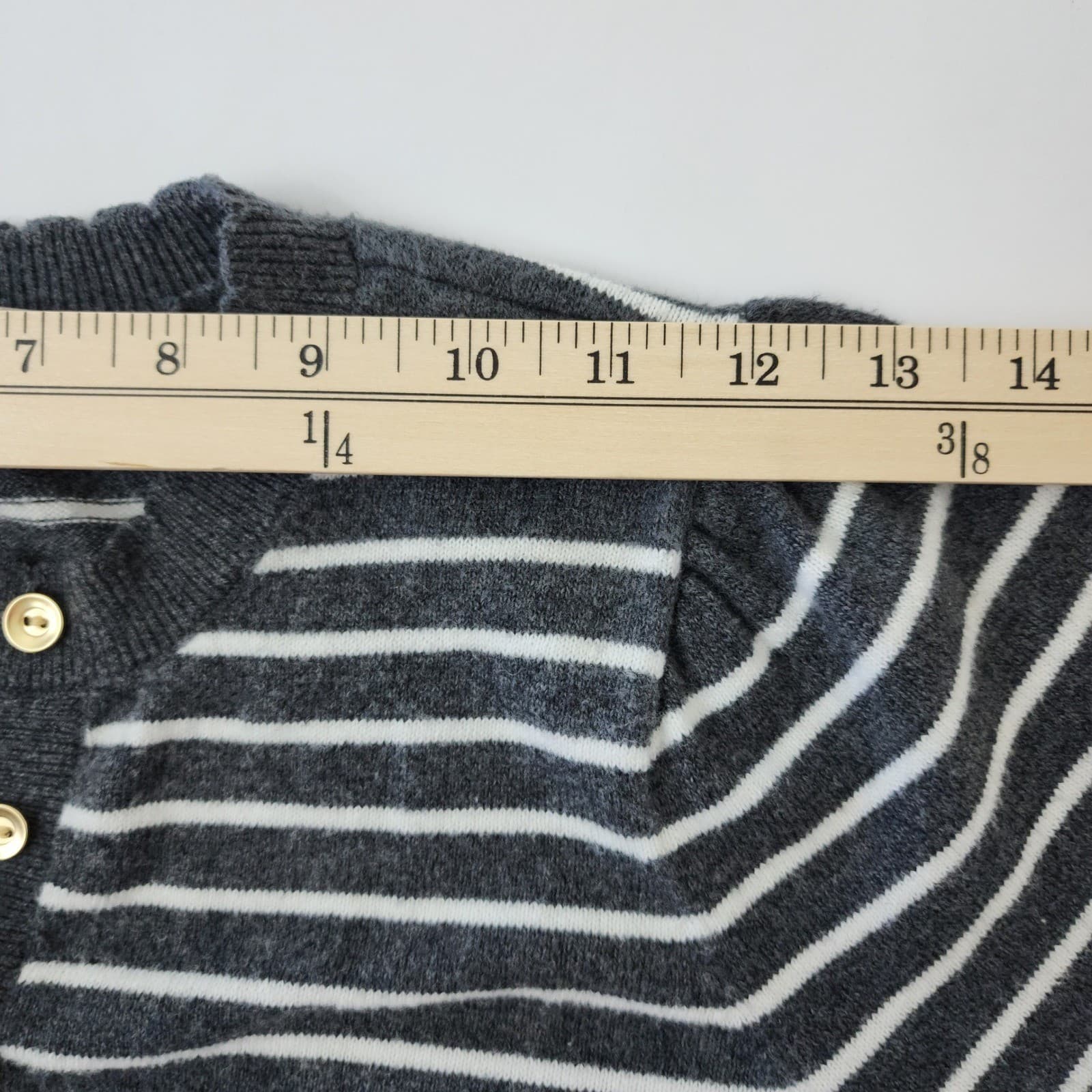 Loft Striped Henley Sweater Women XS Gray White Button Front Puff Sleeve Knit - Thumbnail 4