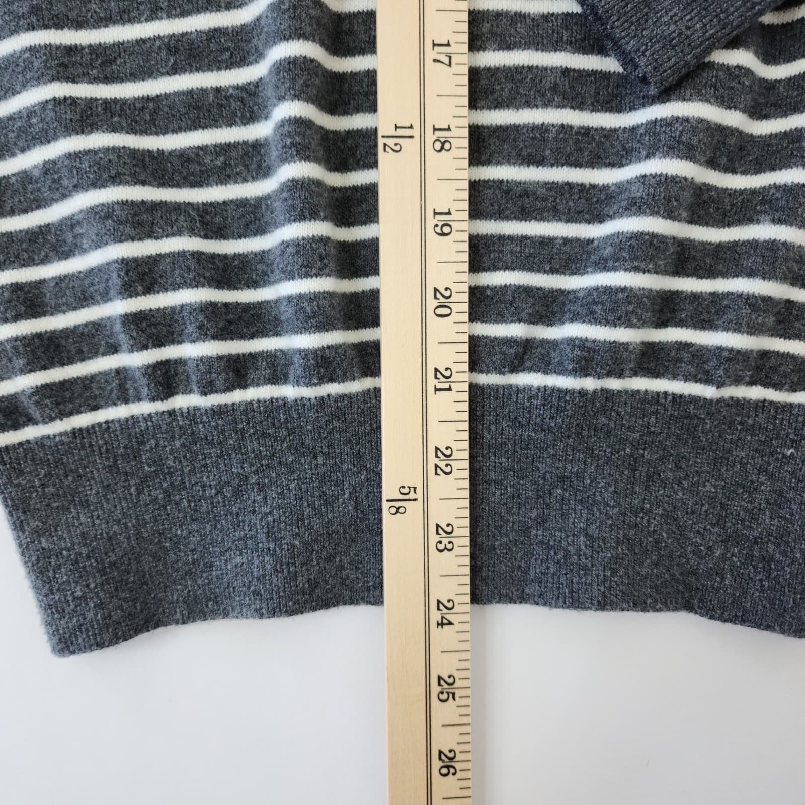 Loft Striped Henley Sweater Women XS Gray White Button Front Puff Sleeve Knit - Thumbnail 2